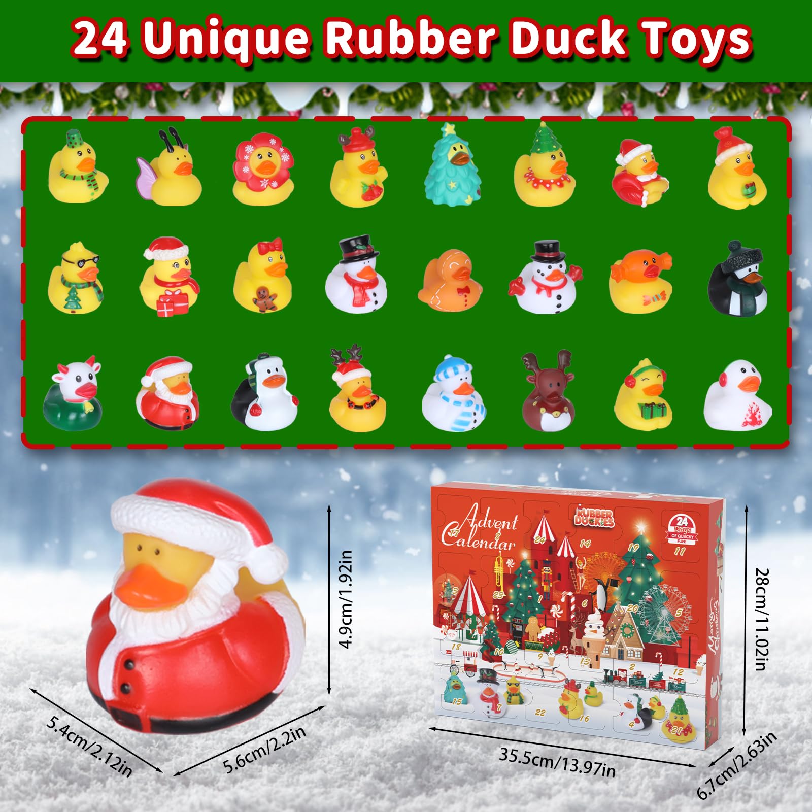 24-Piece Christmas Rubber Ducks Advent Calendar - Fun Holiday Bath Toys for Toddlers & Kids | Perfect for Jeep Ducking, Stocking Stuffers, Party Favors & Xmas Gifts | Great for Bath Time, Christmas Countdown & Surprise Gift Exchanges
