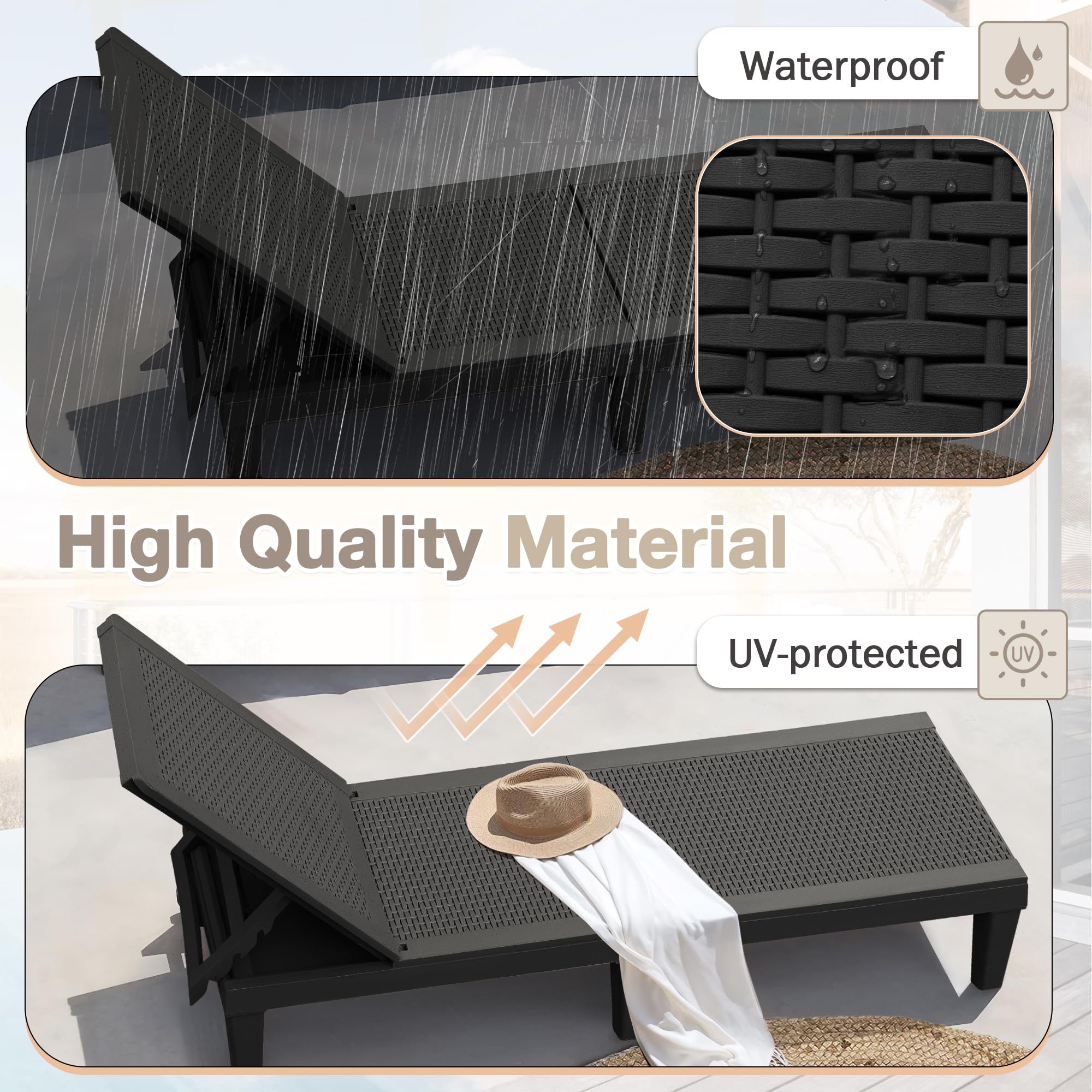 Homall Outdoor Lounge Chairs Set of 2 - Quick Assembly Waterproof Patio Chaise Lounge with Adjustable Backrest for Pool, Beach, Garden - Perfect for Relaxing by the Pool, Sunbathing at Beach or Lounging in Backyard (Black)