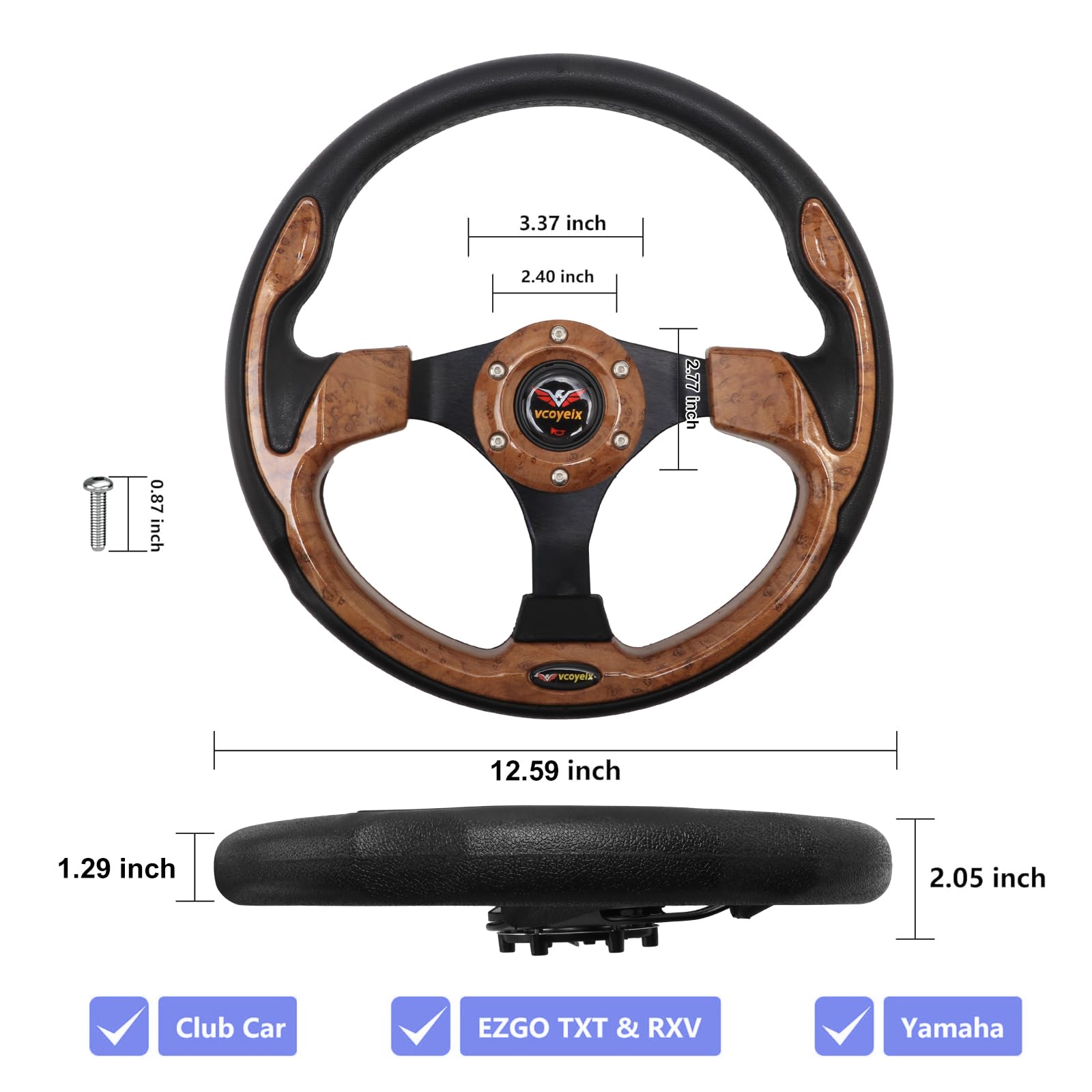 12.5 Inch Golf Cart Steering Wheel - Universal Fit for Yamaha, Club Car DS Precedent Tempo, EZGO TXT RXV - Wood Grain Racing Style - Perfect for Golf Cart Upgrades & Customization