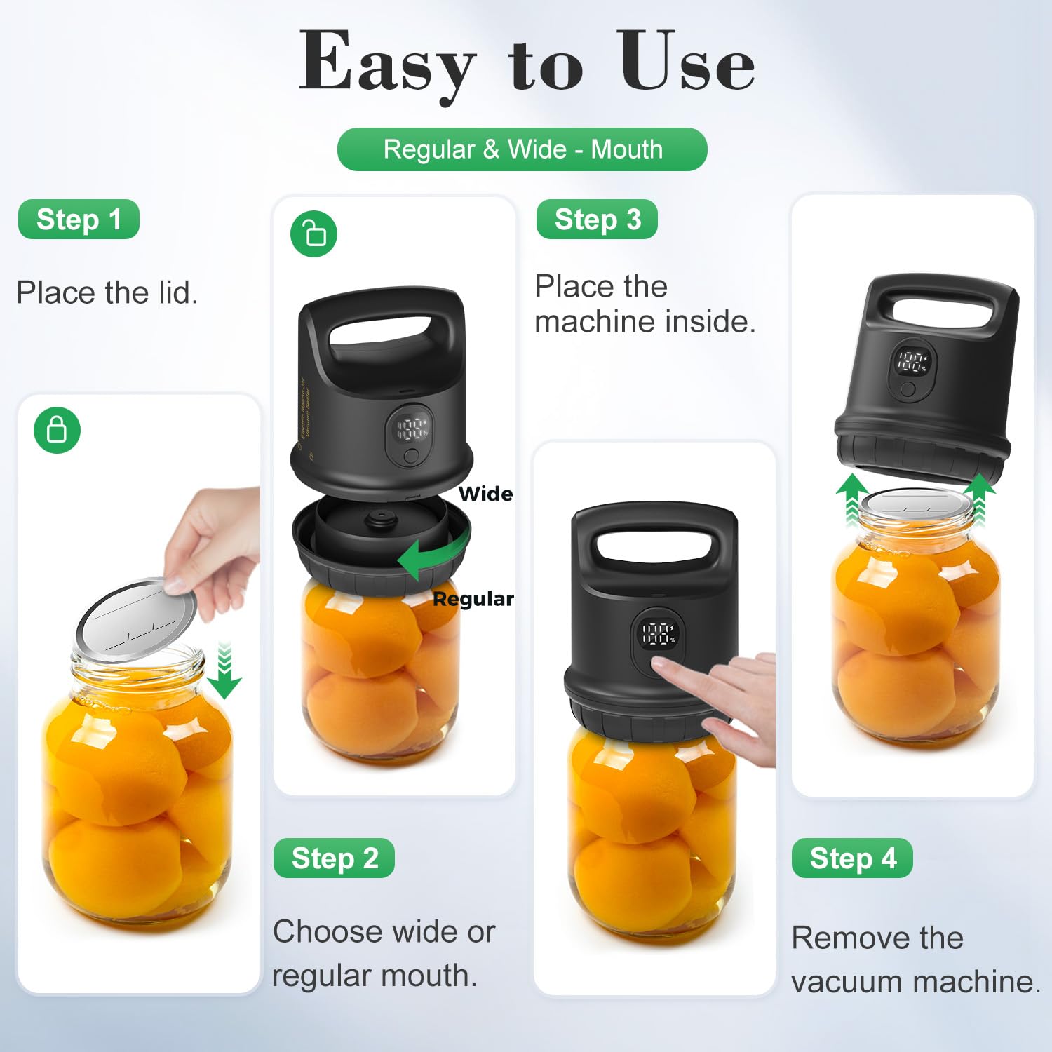 Automatic Mason Jar Vacuum Sealer - Smart Electric Food Preservation System for Wide & Regular Mouth Canning Jars | White & Black Options | Perfect for Meal Prep, Sous Vide, Dry Storage & Long-Term Food Preservation