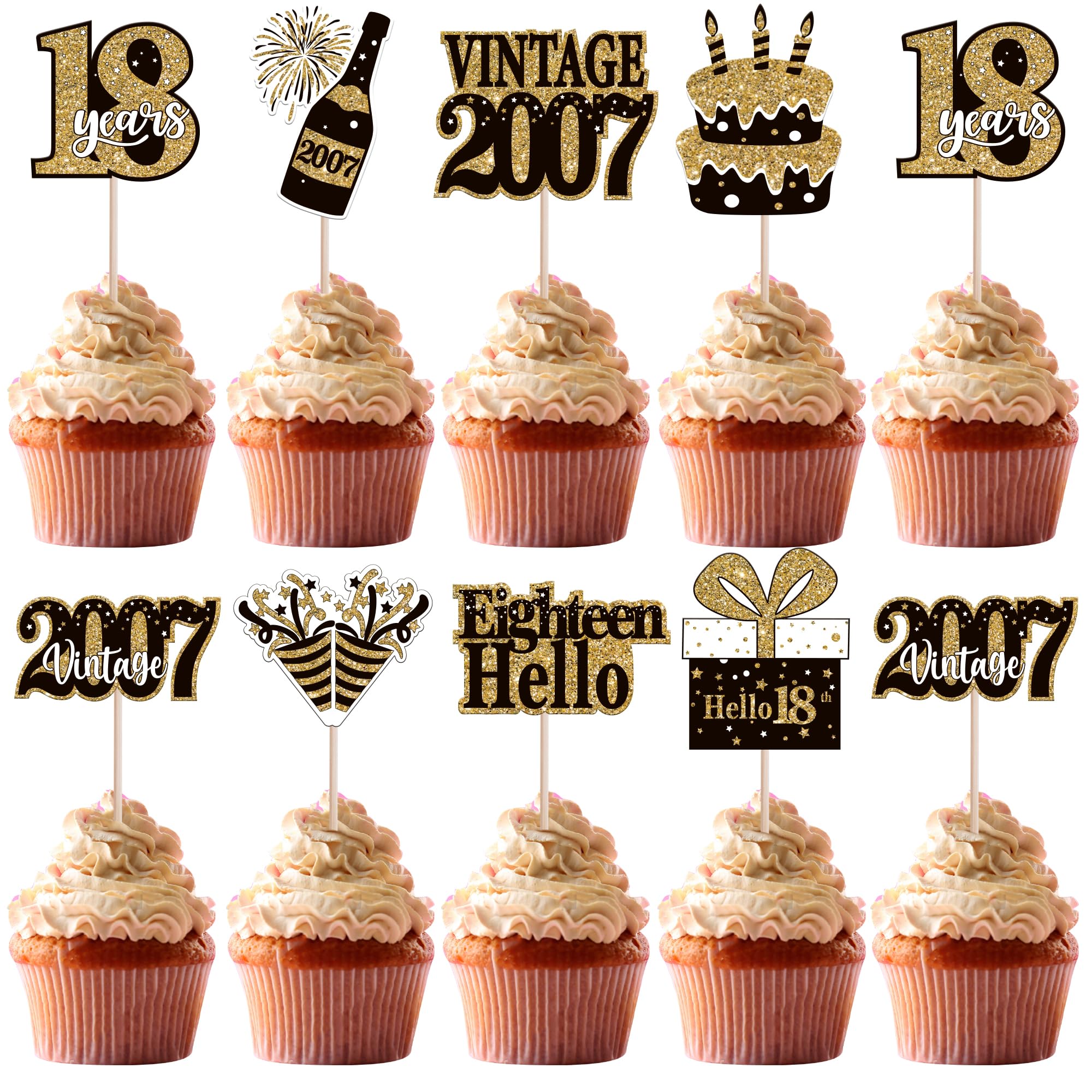 36PCS Happy 18th Birthday Cupcake Toppers - Double Sided Black Gold Eighteen Hello 18 Vintage 2007 Cupcake Picks - Cheers to 18 Years Cake Decorations - Perfect for 18th Birthday Party Supplies, Graduation Celebrations & Milestone Events
