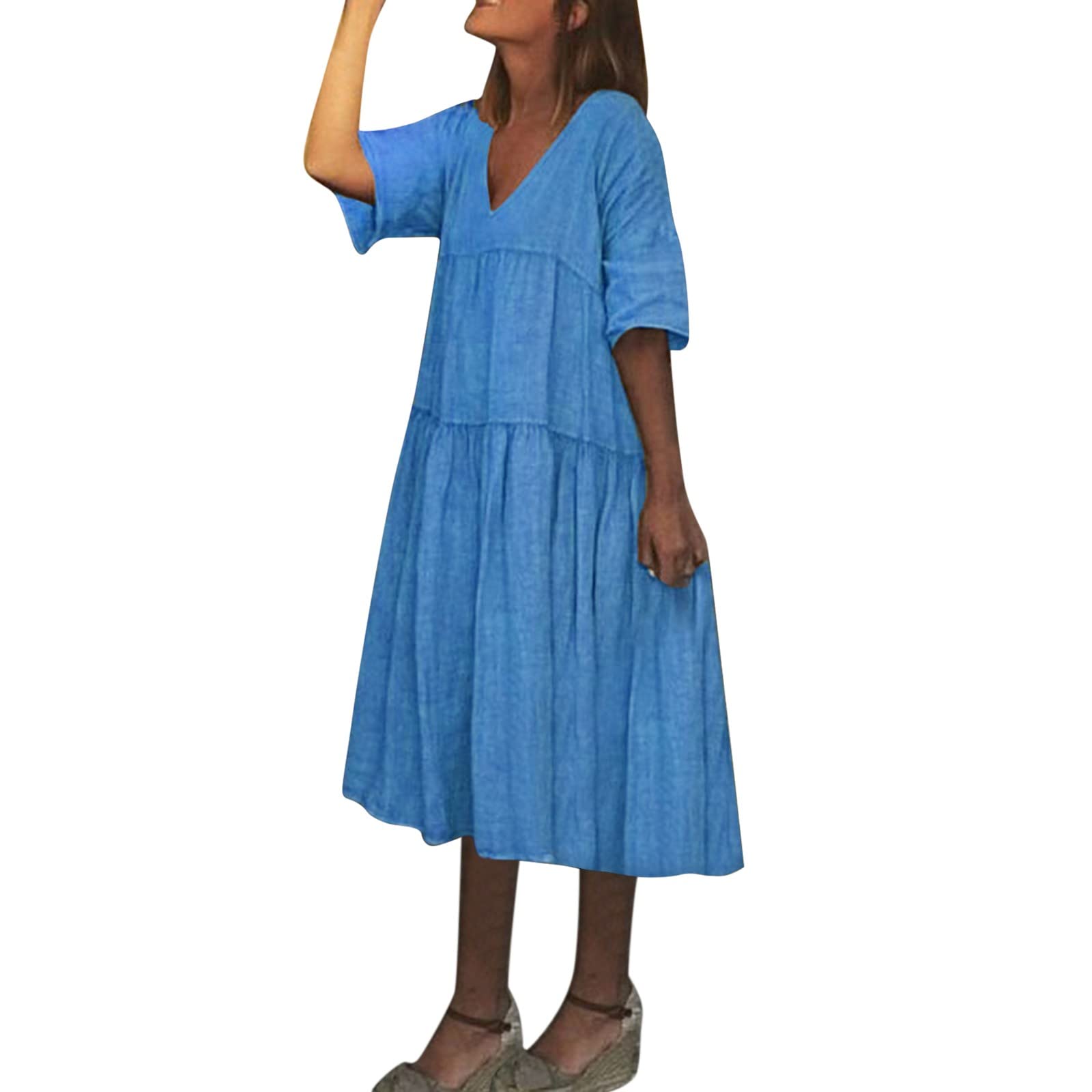 Women's Summer Casual V-Neck Pleated Swing Mini Dress - Flowy Tunic Shirt Dress with Half Sleeves for Beach, Vacation & Everyday Wear