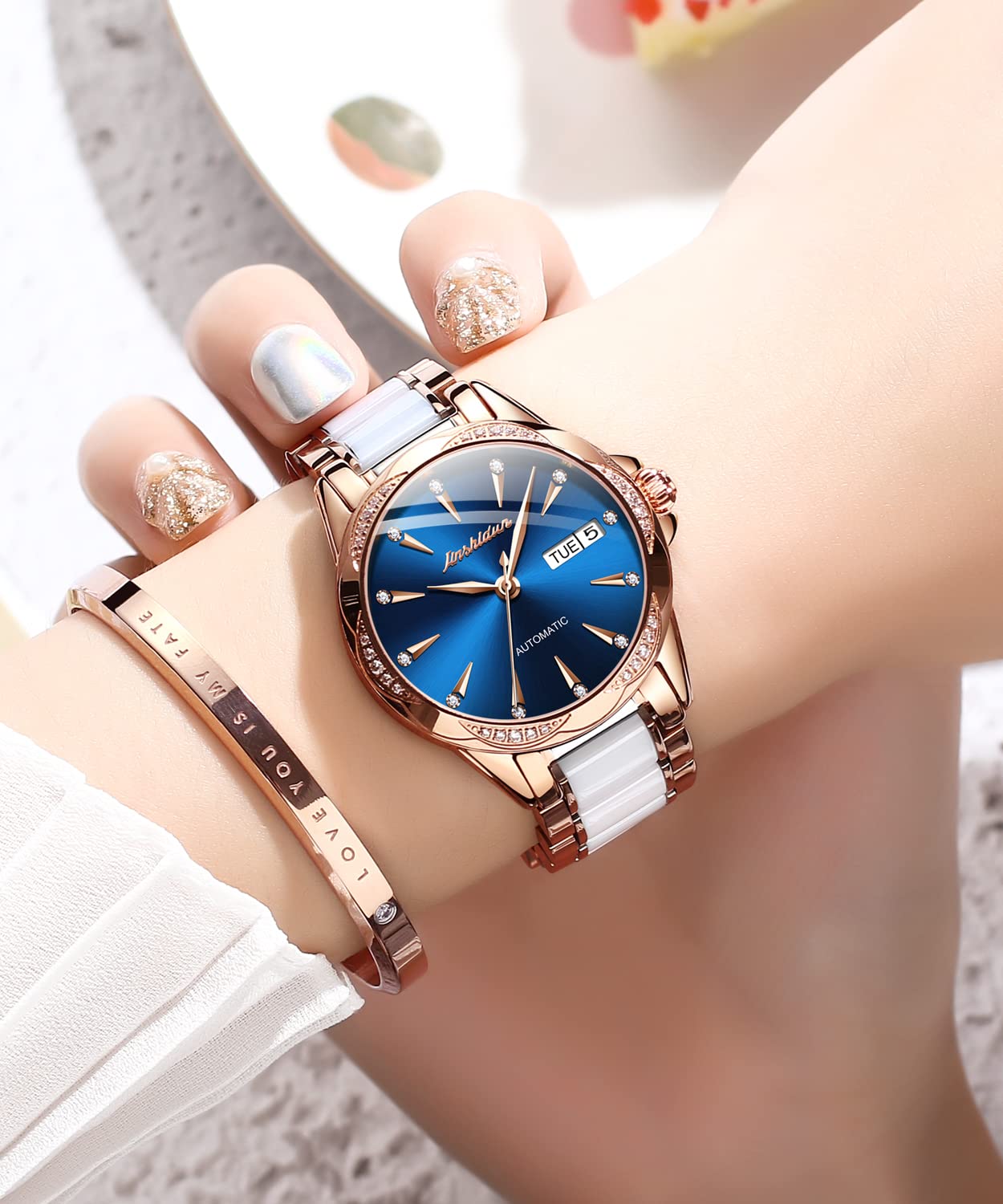 OLEVS Automatic Women's Watch with Blue Diamond Dial - Self-Winding Mechanical Watch, Ceramic & Stainless Steel Rose Gold Case, Day/Date Display, Water Resistant - Elegant Dress Watch for Women, Perfect Gift for Her | Office, Party, Wedding & Everyday Wear
