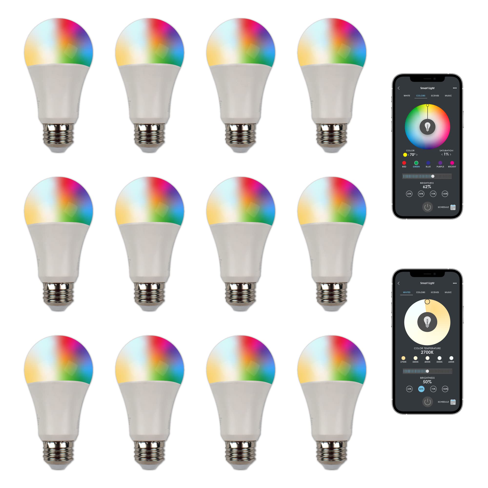 Smart Gen 2 A19 LED Bulb - 12 Pack RGB + Tunable White WiFi & Bluetooth Smart Bulbs - App Controlled, Dimmable 9W Programmable LED Lights for Home, Bedroom, Party & Holiday Decorations