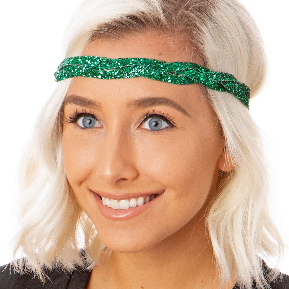 Adjustable No-Slip Sparkly Bling Headbands 4-Pack for Women, Girls & Teens | PETITE Size | Mixed Glitter Green | Perfect for Sports, Workouts, School & Everyday Fashion