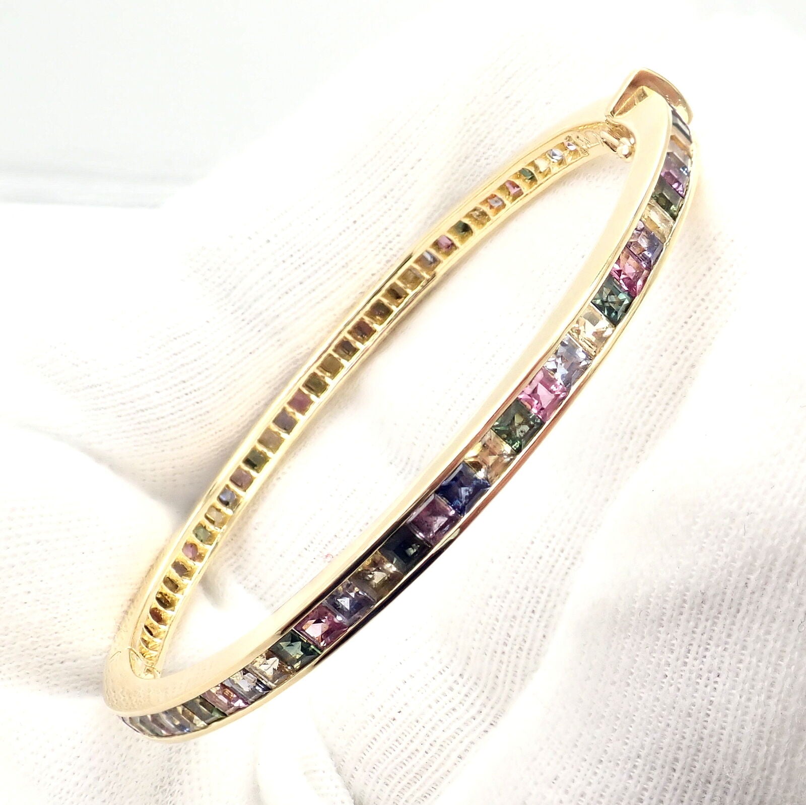 Authentic Julius Cohen 18K Yellow Gold Diamond & Pastel Gemstone Cuff Bracelet - Luxury Jewelry for Women, Perfect for Weddings, Parties & Special Occasions