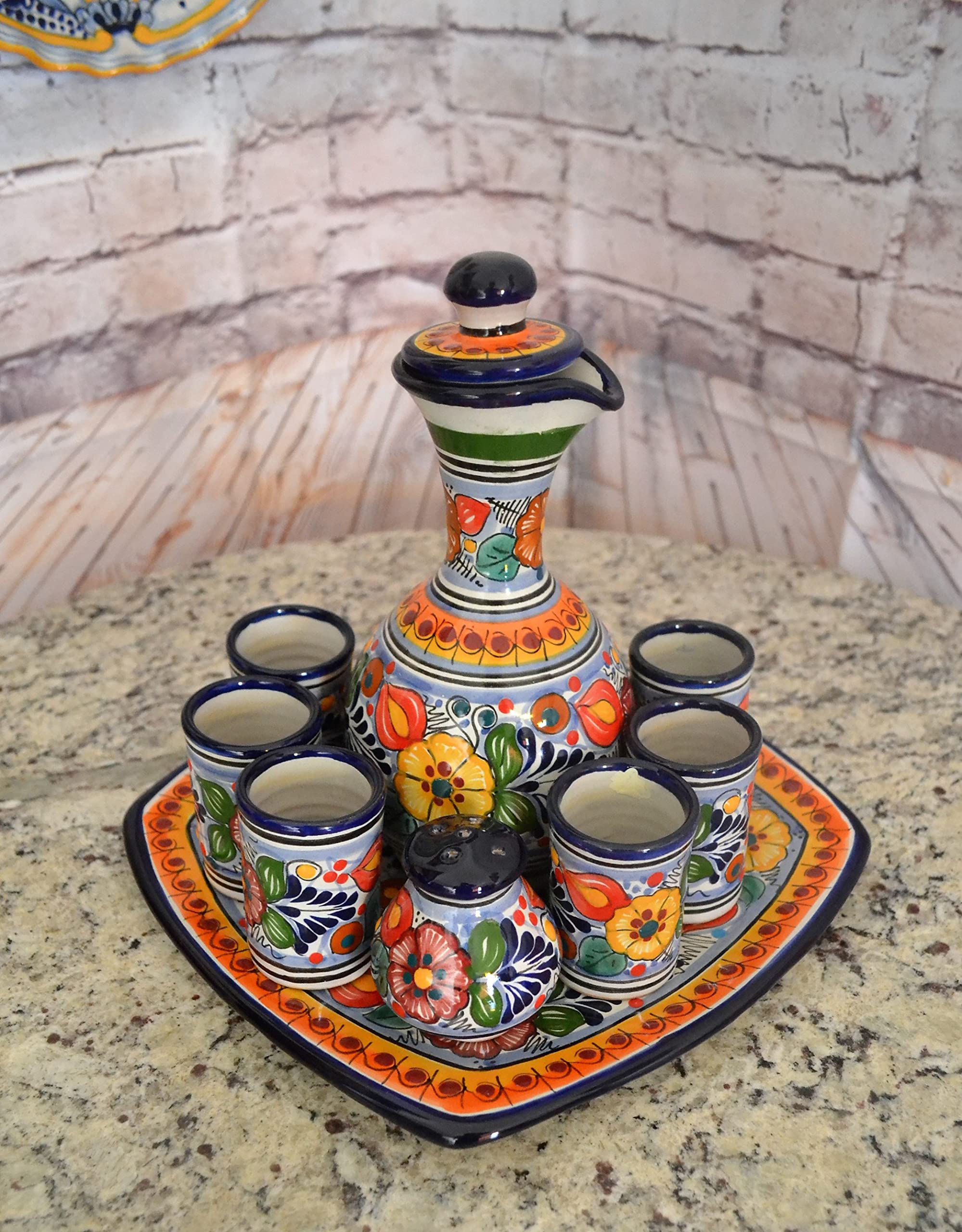Premium Talavera Tequila Set with Hand-Painted Decanter & 4 Shot Glasses - Authentic Mexican Ceramic Barware for Parties, Gifts & Home Decor (Style CM116)