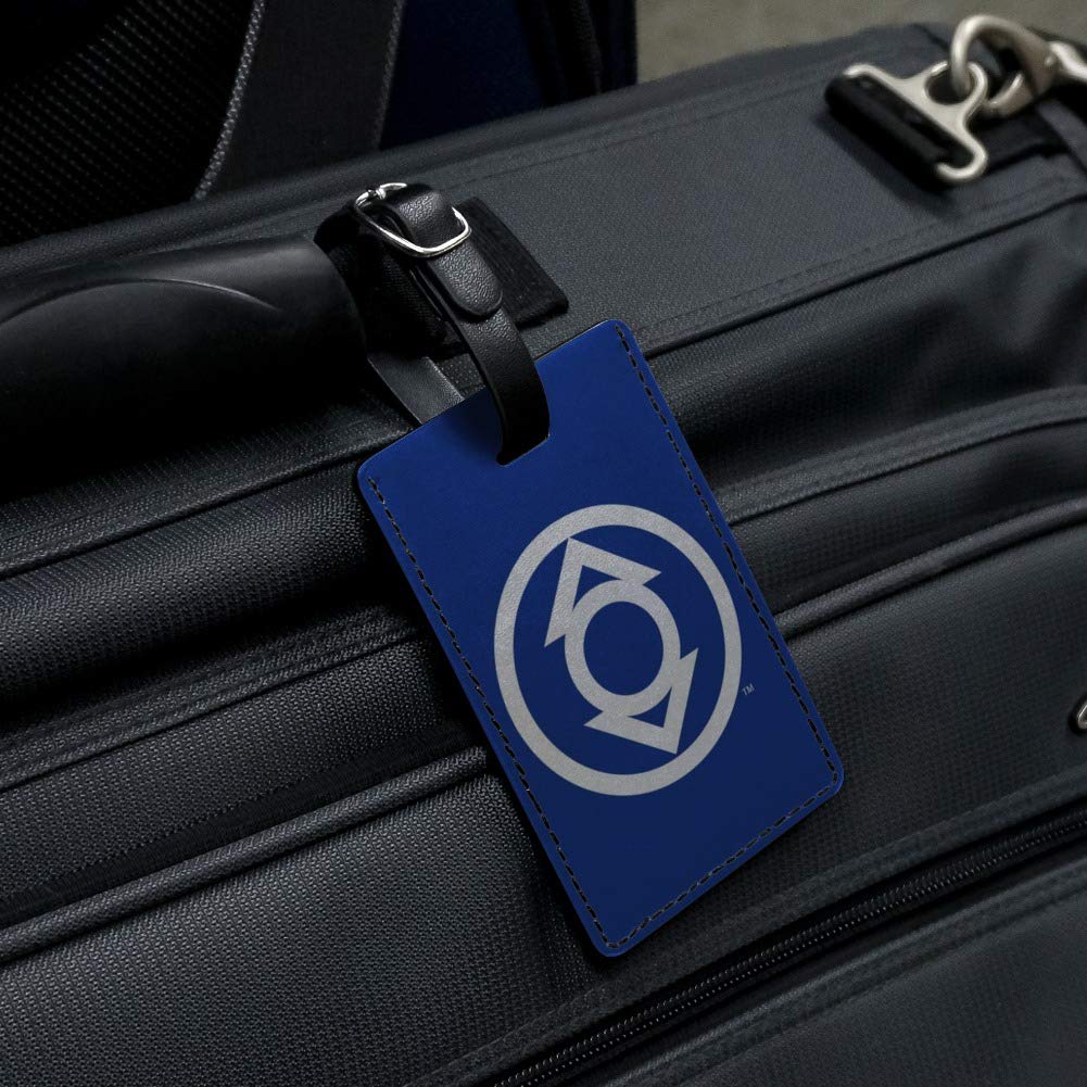 Indigo Lantern Logo Leather Luggage Tag - Green Lantern Inspired Rectangular ID Card Holder for Travel Bags, Suitcases & Backpacks - Durable Personalized Name Tag for Identification