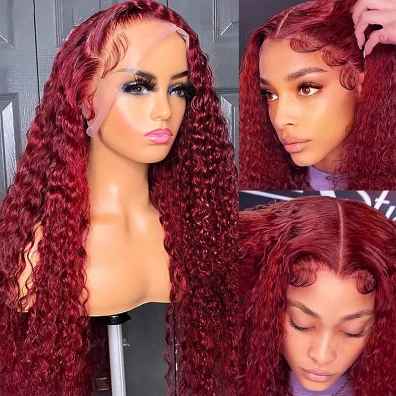 **28inch Pre-Colored Human Hair Curly Wig - Burgundy/Brown/Highlight 13x4 Lace Frontal Wig | Natural Look & Heat Resistant | Perfect for Cosplay, Parties & Daily Wear**