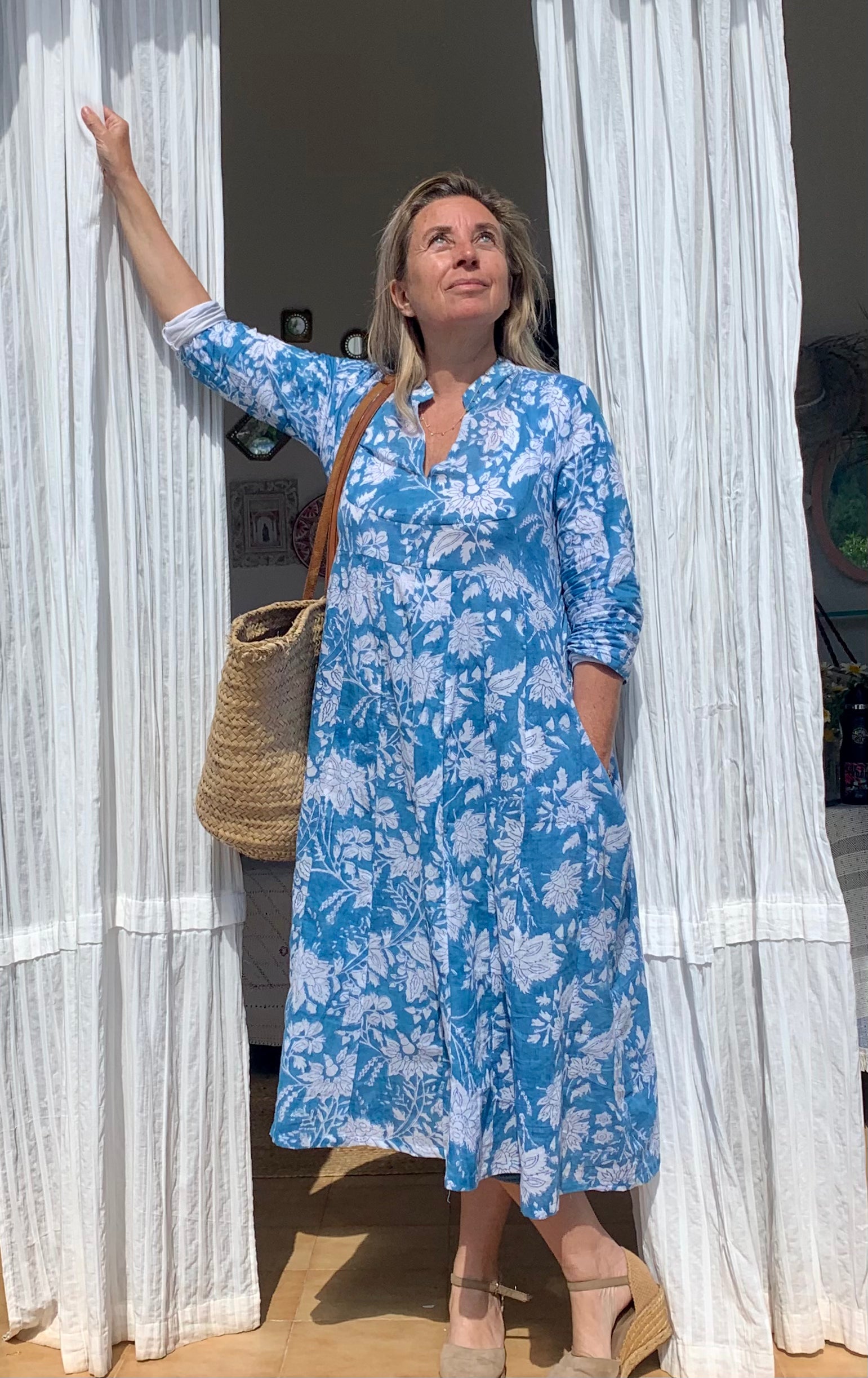Anarkali Ibiza Blue Hand Block Print Boho Tunic Kaftan Dress - Perfect for Beach Vacations, Summer Parties & Boho Chic Outfits
