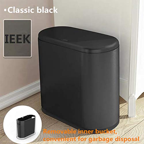 IEEK 3.2 Gallon (12 Liter) Press Top Lid Trash Can - Slim Modern Waste Basket for Bathroom, Kitchen, Living Room, Office & Small Spaces | Black Plastic Garbage Bin for Home & Office Organization