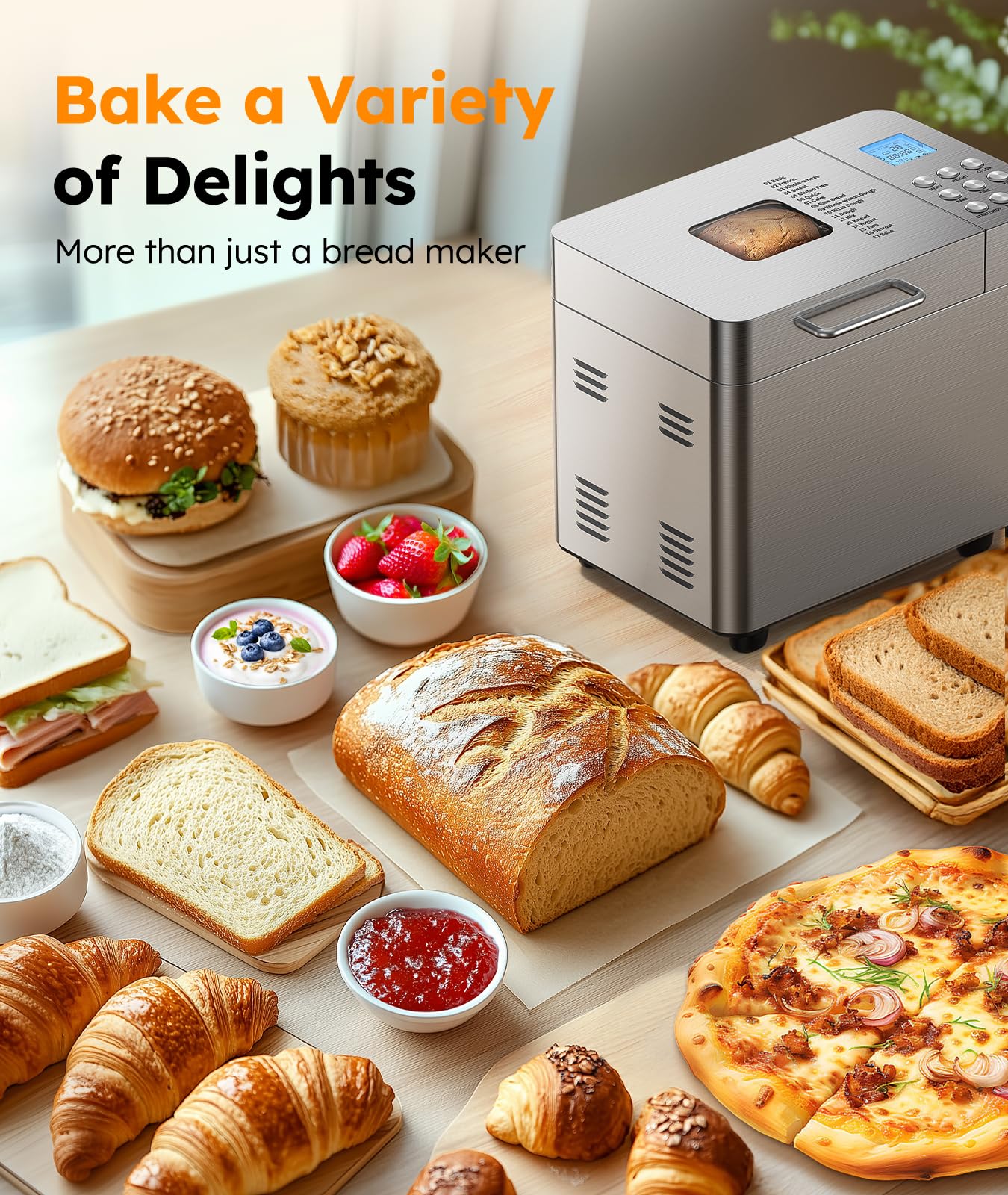 OSIPOTO 2LB Automatic Bread Maker Machine - 17-in-1 Stainless Steel Bread Machine with Non-Stick Pan, Easy Controls for Beginners, 15-Hour Timer, Quiet Operation & Easy Cleaning - Perfect for Homemade Bread, Breakfast, Gifts & Small Family Baking