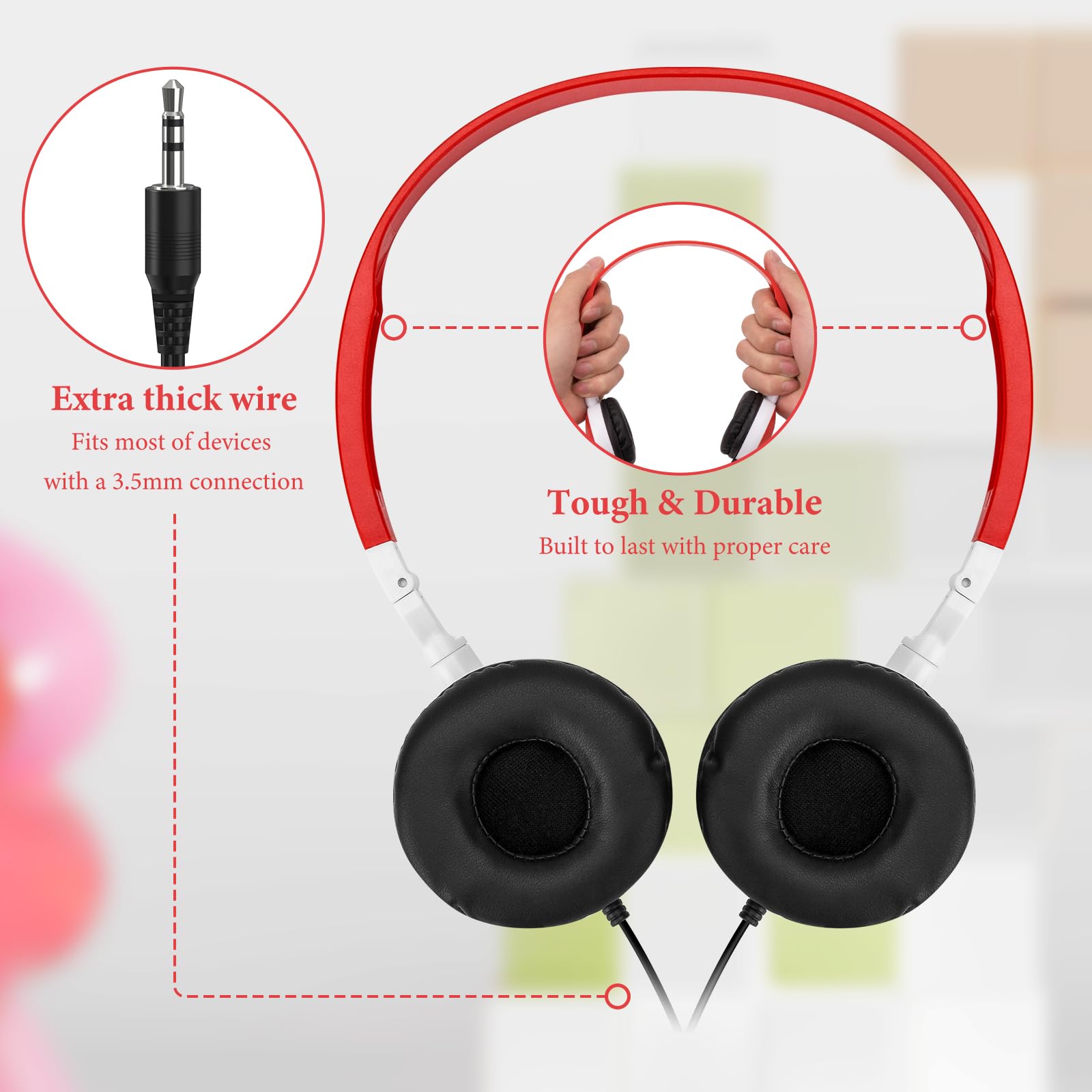 Geekria 24 Pack Adjustable On-Ear Wired Headphones for Kids - Bulk Classroom Headphones for School, Library & Computer Lab Use - Durable Student Headset for Learning & Online Classes