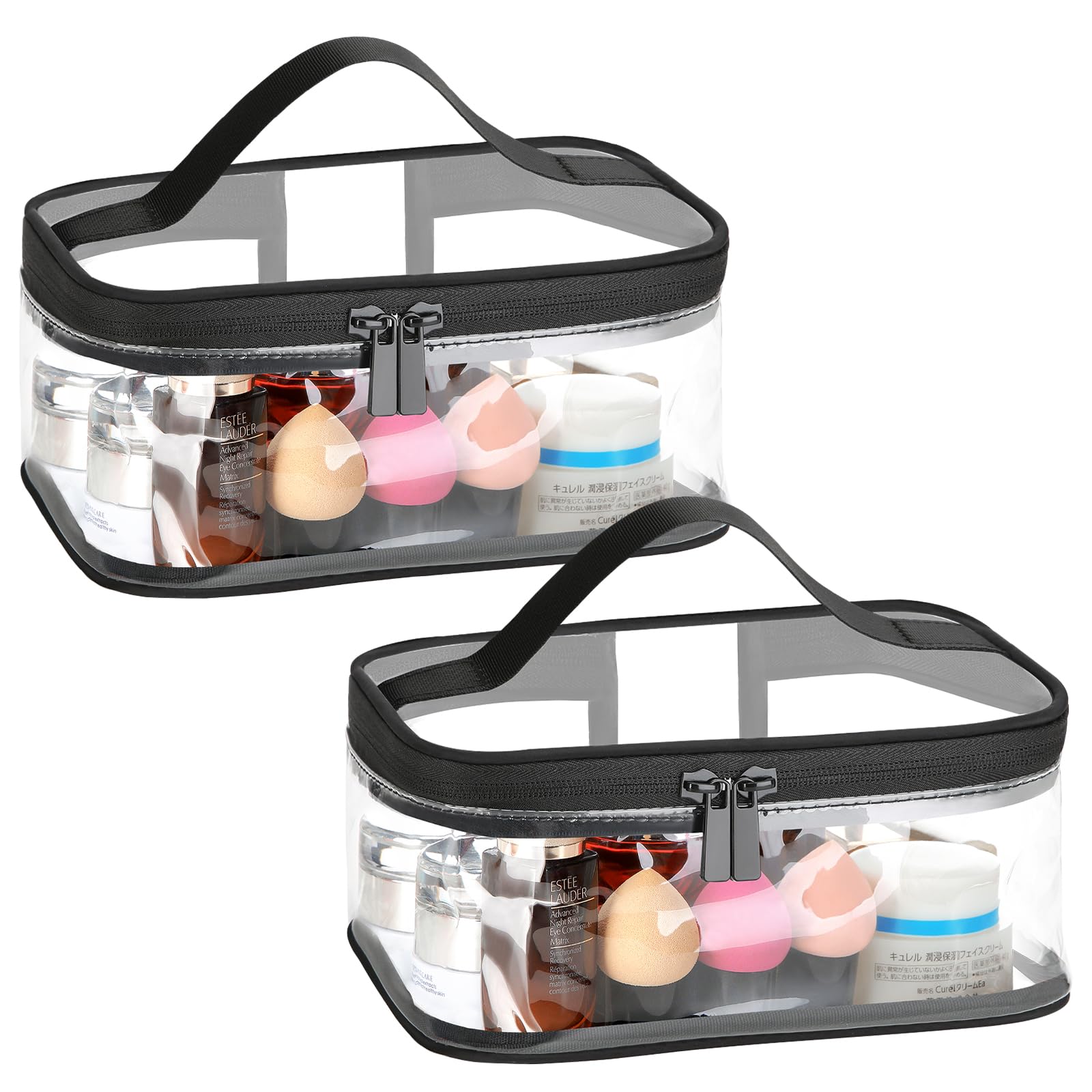 2 Pack Clear Makeup Bags for Travel - TSA Approved Waterproof Transparent Toiletry Bags for Cosmetics, Airplane Carry On Compliant (Black) - Perfect for Airport Security & Organized Travel Essentials
