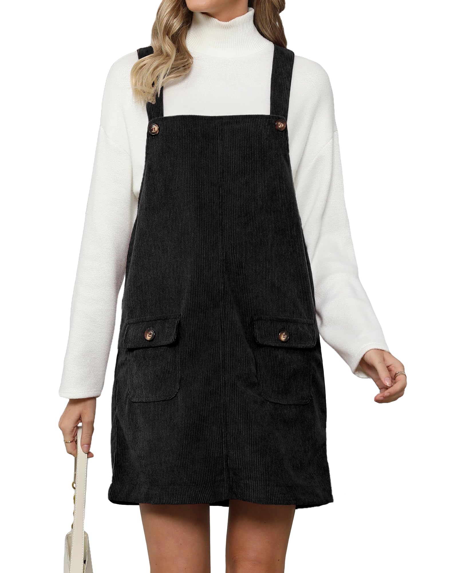 Luvamia Women's Corduroy Overall Dress with Adjustable Straps & Pockets - Casual Pinafore Short Dress for Everyday Wear, Fall Fashion, Date Night & Weekend Outfits