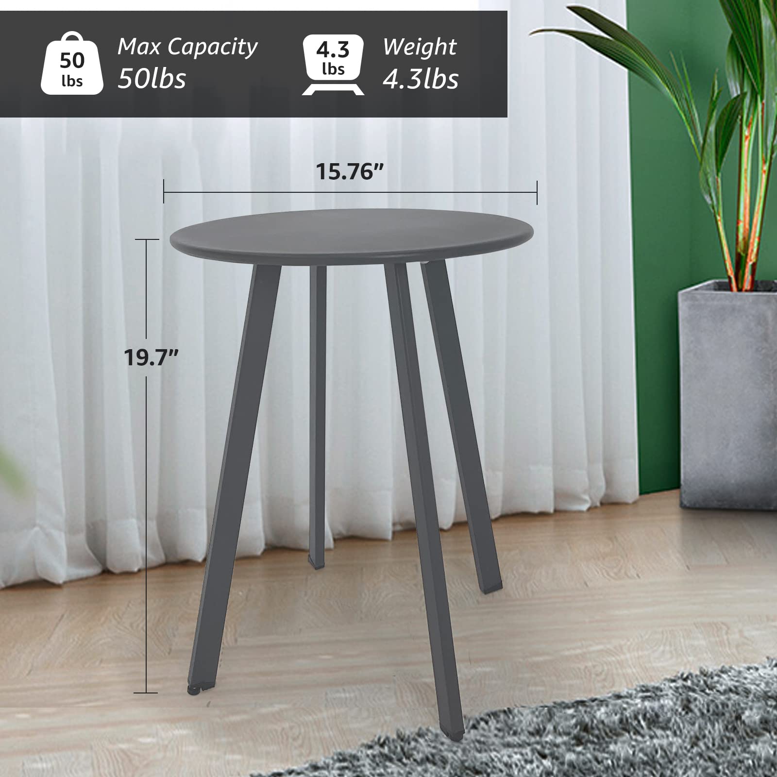 Modern Grey Round Metal Steel Side Table - 15.75