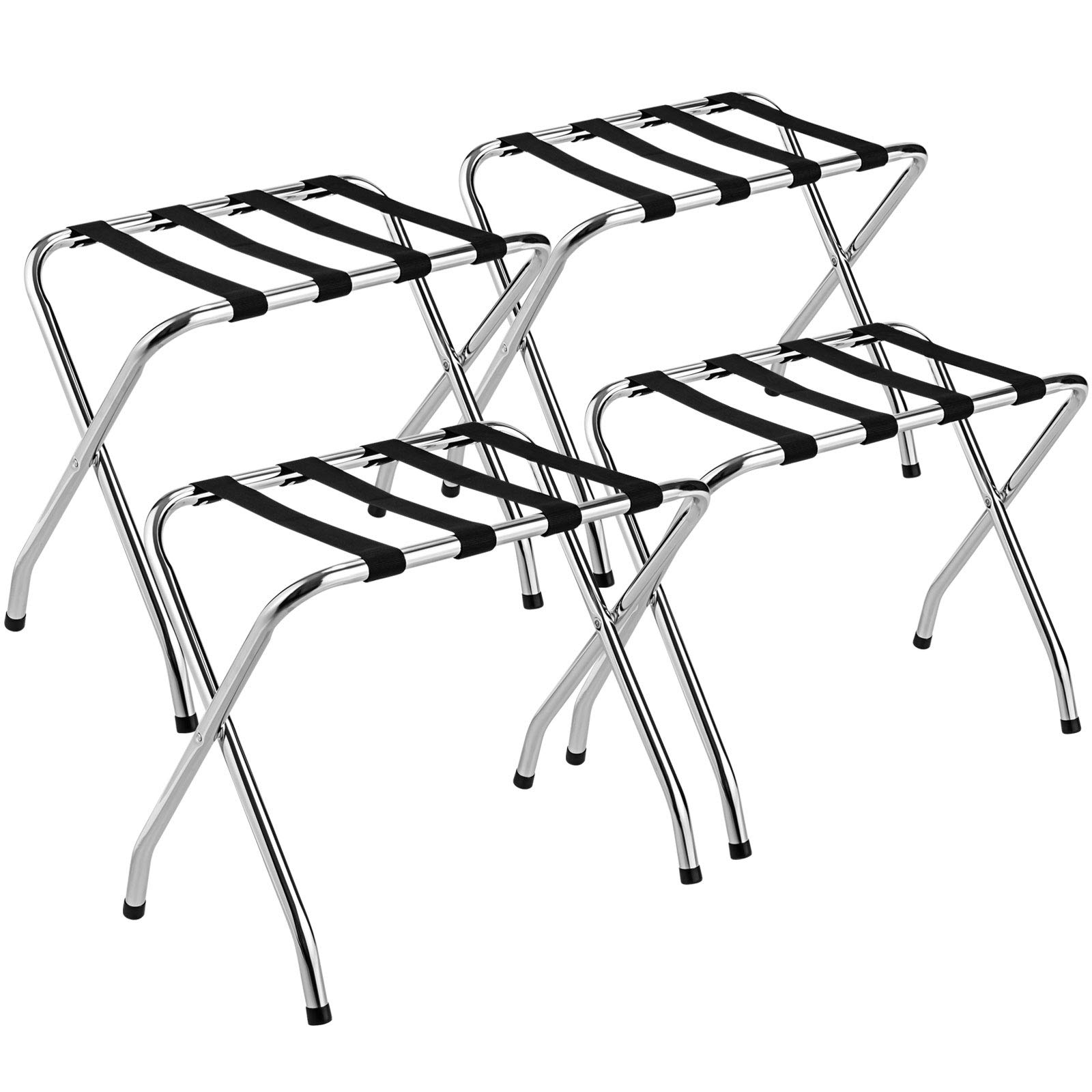 Tangkula Chrome Folding Luggage Rack - No Assembly Required Metal Suitcase Stand with Nylon Belts for Bedroom, Guest Room & Hotel - Silver (4 Pack) | Space-Saving Storage Solution for Travelers
