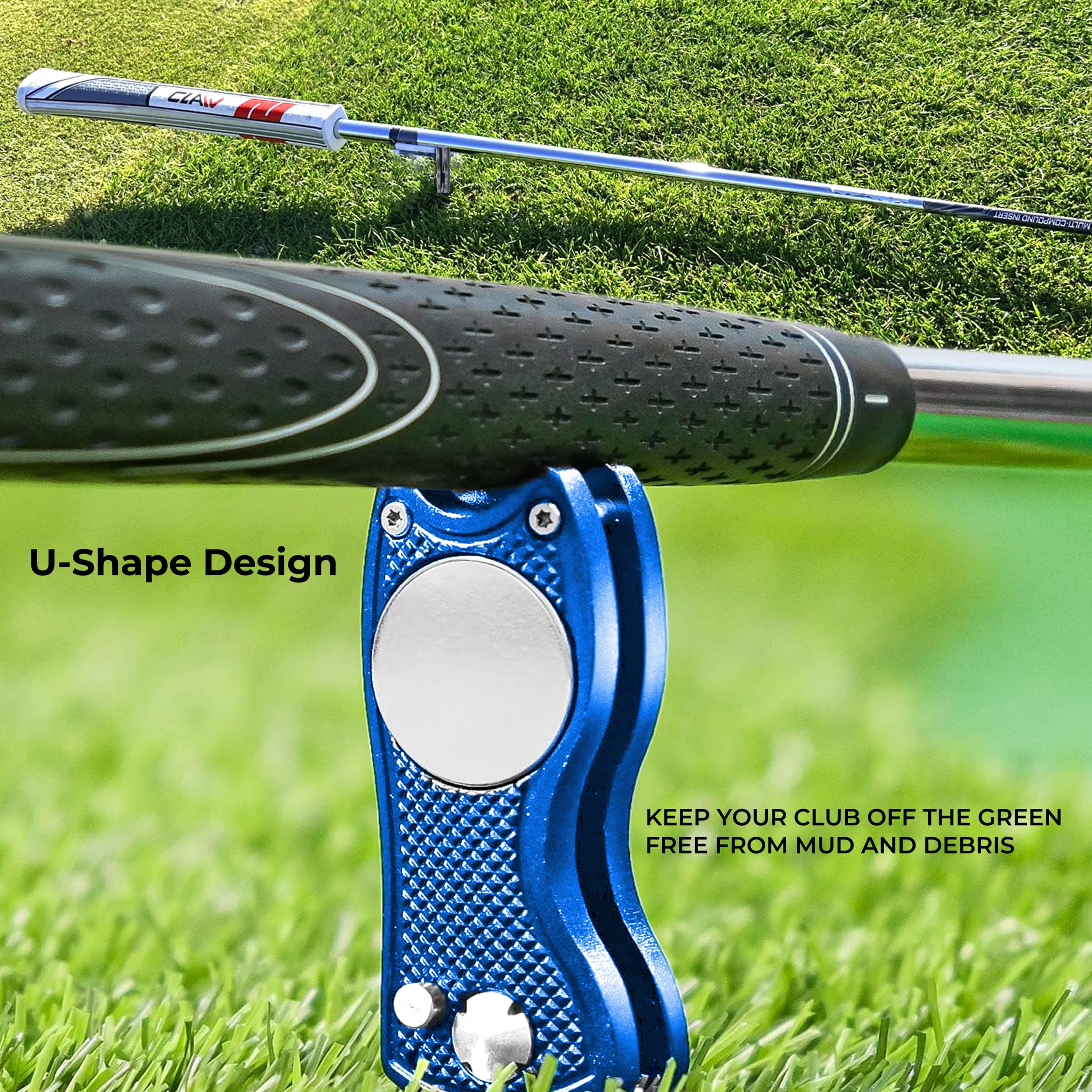 Premium Golf Divot Tool with Magnetic Ball Marker - Multifunctional, Foldable Fork for Repairing Divots & Cleaning Clubs - U-Shaped Base Holds Golf Club Securely | Perfect for Golf Course Maintenance & Practice Sessions