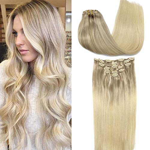 GOO GOO Clip in Human Hair Extensions 16 Inch Ombre Ash Blonde to Golden Blonde & Platinum Blonde - 120g Thick Real Natural Hair - Perfect for Parties, Weddings & Daily Styling