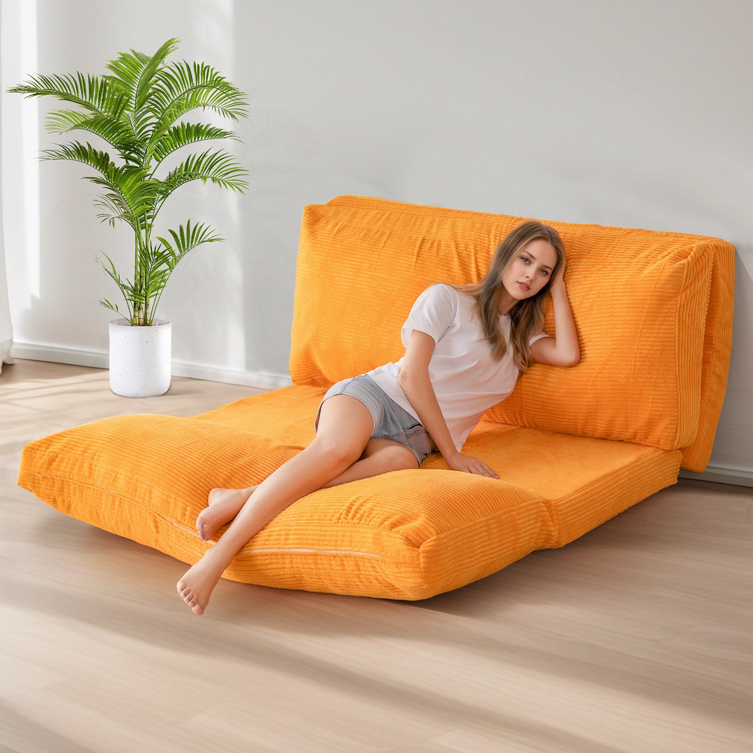 MAXYOYO Bean Bag Sofa Bed - Foldable Corduroy Floor Sofa with Washable Cover in Orange | Perfect for Living Room, Bedroom, Dorm & Game Room Relaxation