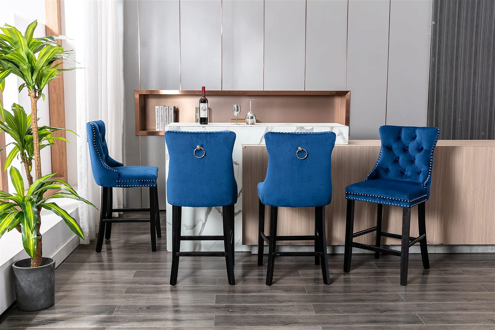 Velvet Bar Stools with Studs Trim & Wooden Legs - Set of 6 Tufted Dining Chairs for Kitchen Counter, Breakfast Nook & Home Bar Decor