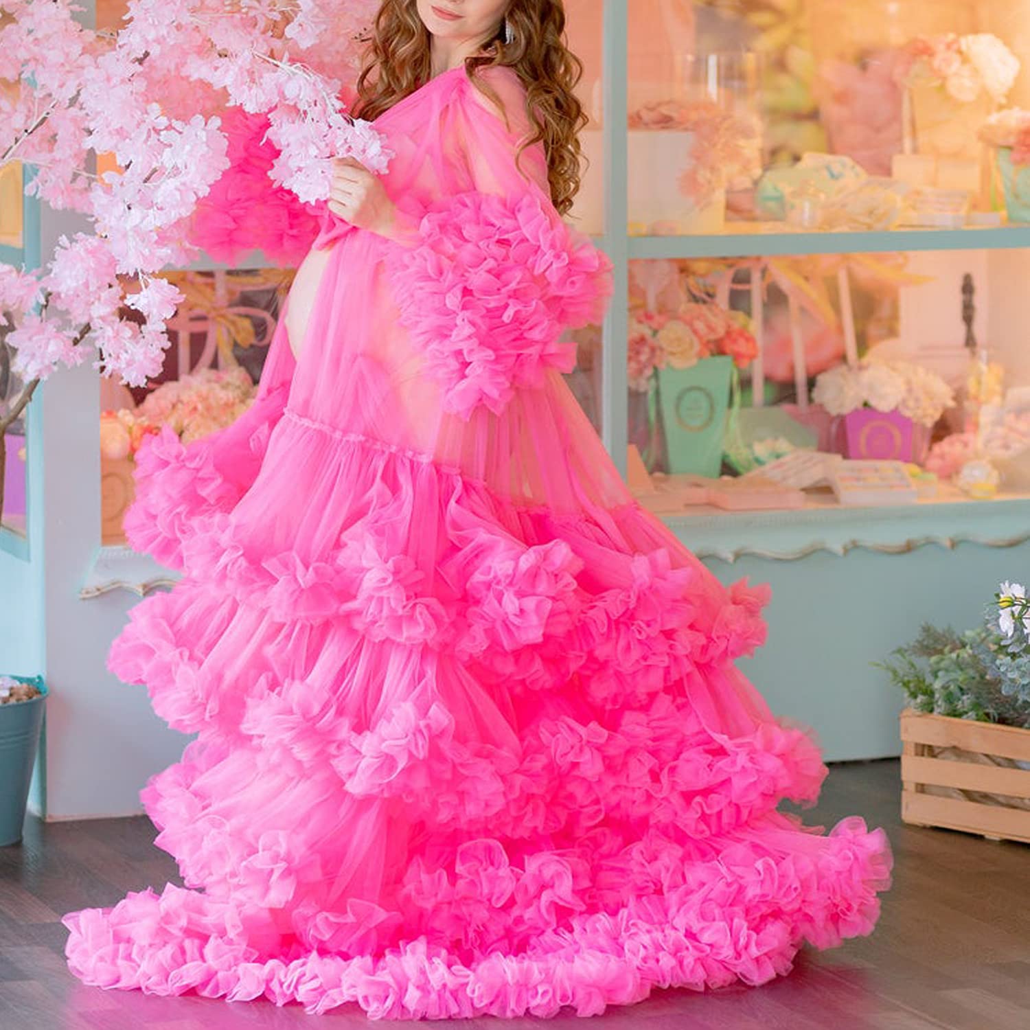 Elegant Tulle Maternity Robe Dress - Long Lace Nightgown & Bathrobe for Pregnancy Photoshoot, Bridal Shower, Baby Shower Gift & Comfortable Sleepwear