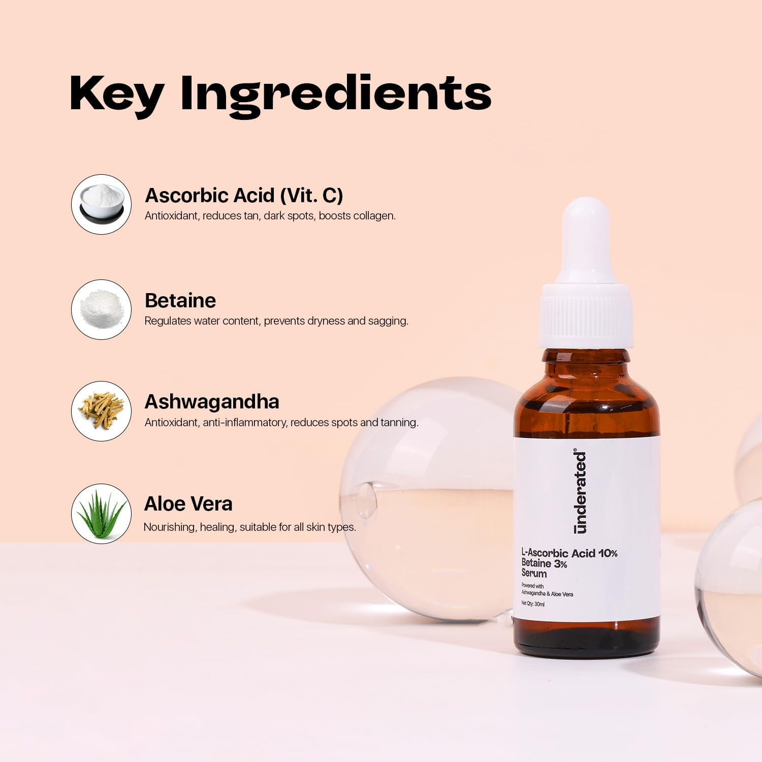 UNDERATED Vitamin C Serum for Face - 10% L-Ascorbic Acid & 3% Betaine with Ashwagandha & Aloe Vera | Brightening Serum for Glowing Skin, Moisture Lock, Even Skin Tone & Texture Revival | 30ml | Perfect for Daily Skincare Routine & Anti-Aging Treatment