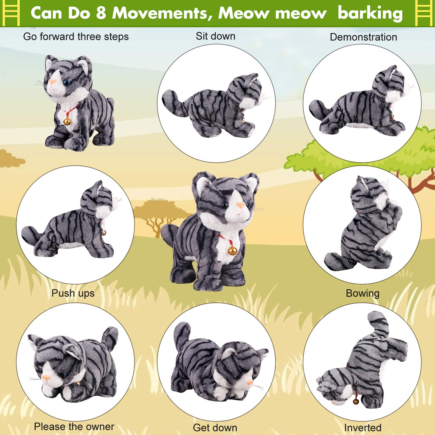 Interactive Gray Robot Cat Plush Toy - Touch Control Meow Kitten, Electronic Pet with Animated Movements, 12
