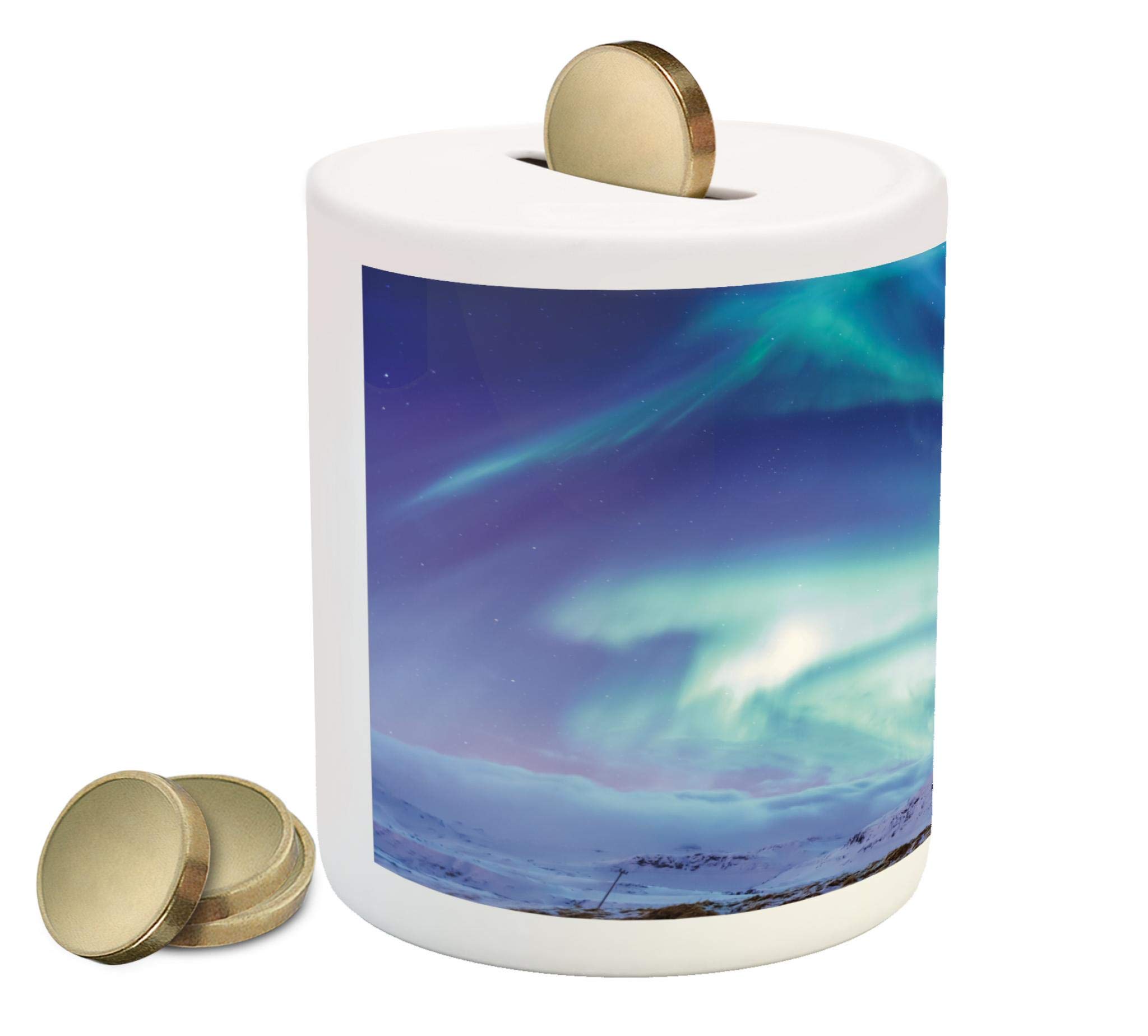Ambesonne Ceramic Piggy Bank - Northern Lights & Kirkjufell Iceland Landscape Design, Money Saving Box for Cash & Coins (Blue, Green, Lilac) | Perfect Gift for Kids, Home Decor, Christmas Savings, and Financial Education