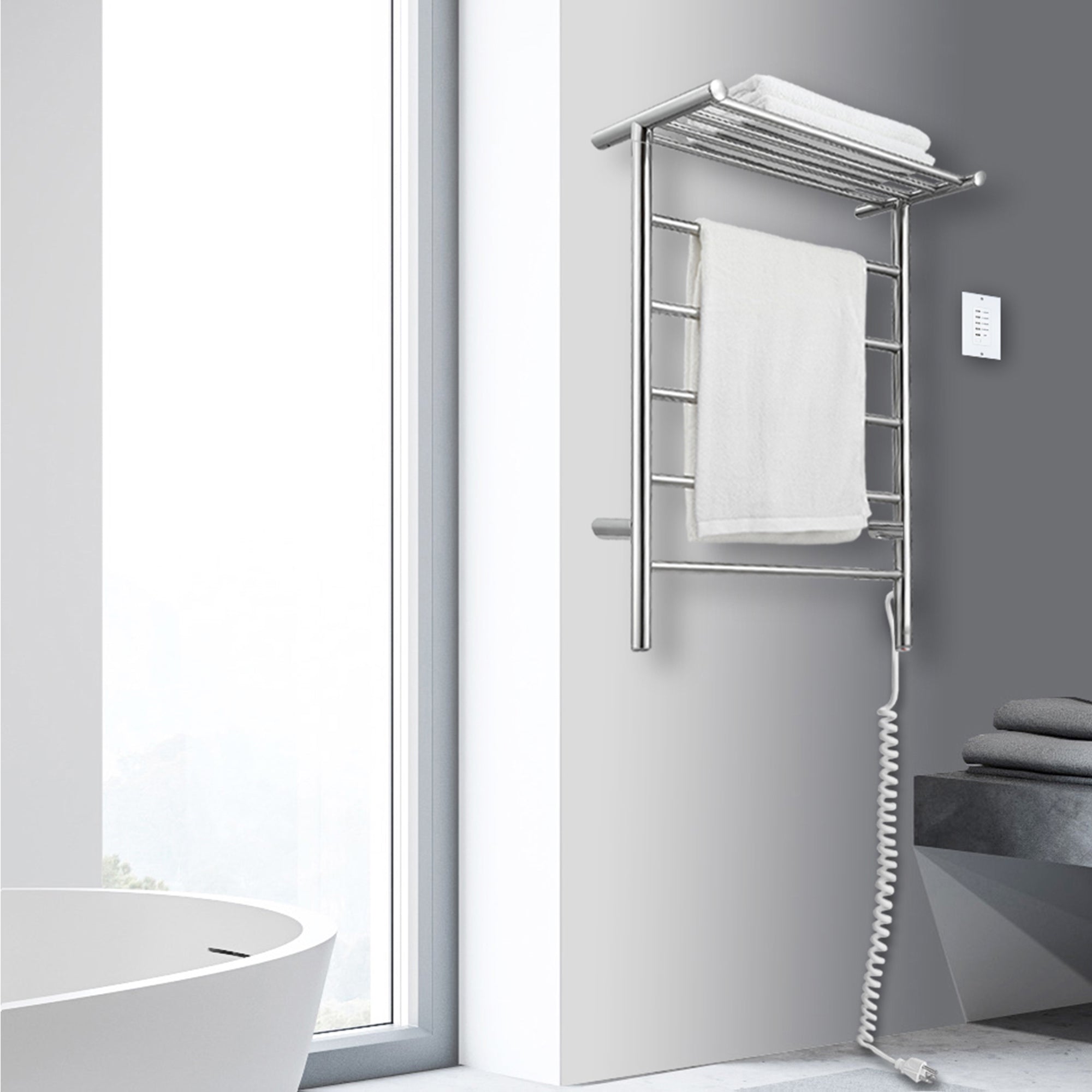 Ancona Miazzo 5 Bar Plug-In & Hardwire Bathroom Towel Warmer with Shelf & Timer - Polished Stainless Steel - Perfect for Spa, Luxury Home & Hotel Bathrooms