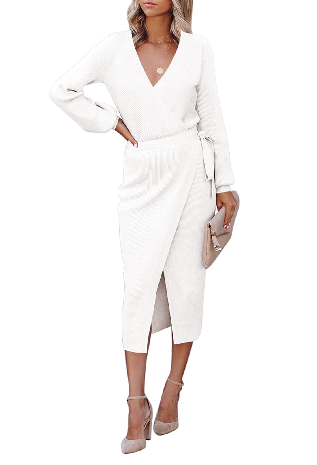 Meenew Women's Wrap Sweater Dress - Long Sleeve Bodycon Dress with Slit Front & Tie Waist | Perfect for Fall Winter, Date Night, Office Wear & Casual Outfits