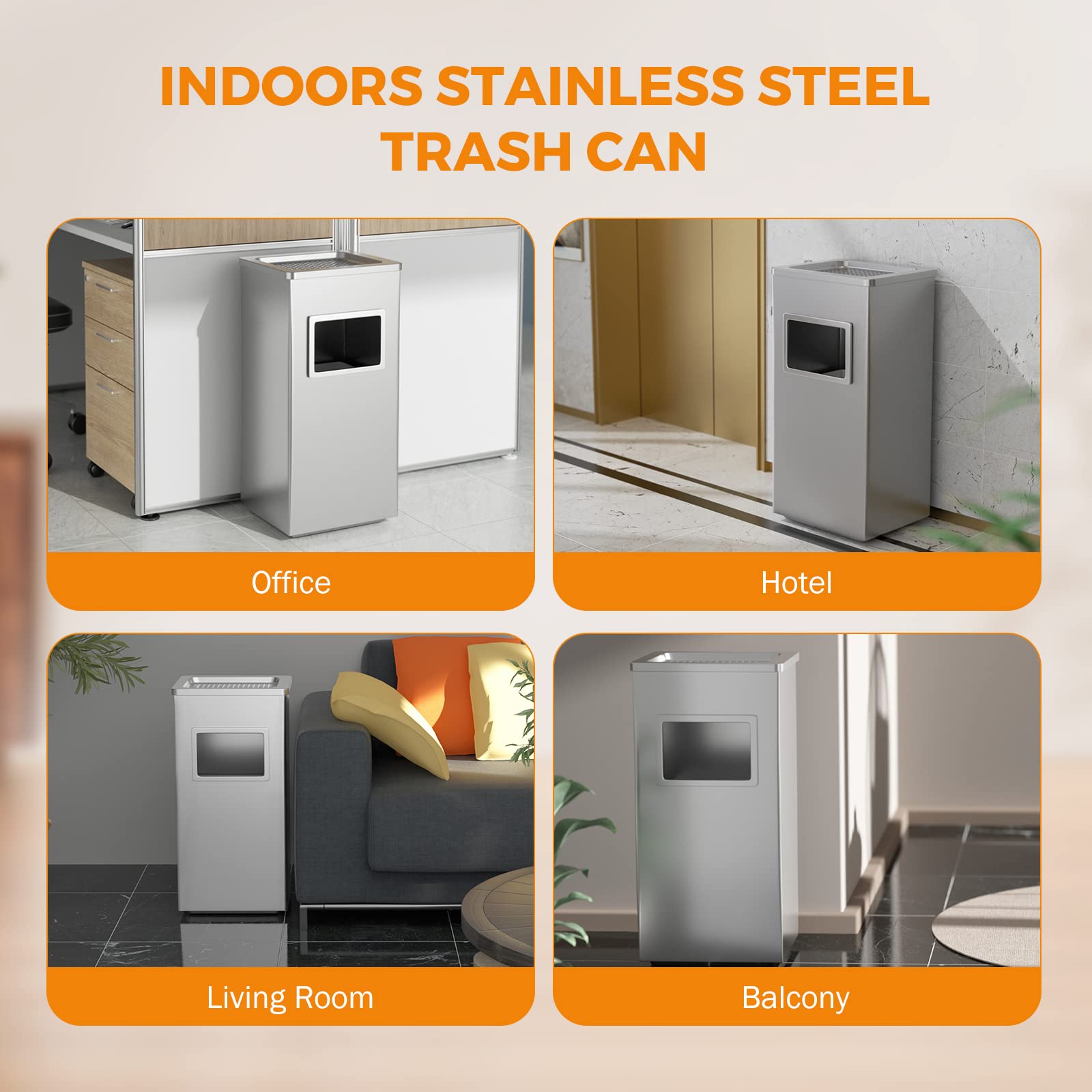 BEAMNOVA Stainless Steel Trash Can with Lid - 31x25x61cm Indoor Outdoor Commercial Garbage Bin for Kitchen, Office, Restaurant & Industrial Use - Durable Metal Waste Container (Metallic Color)