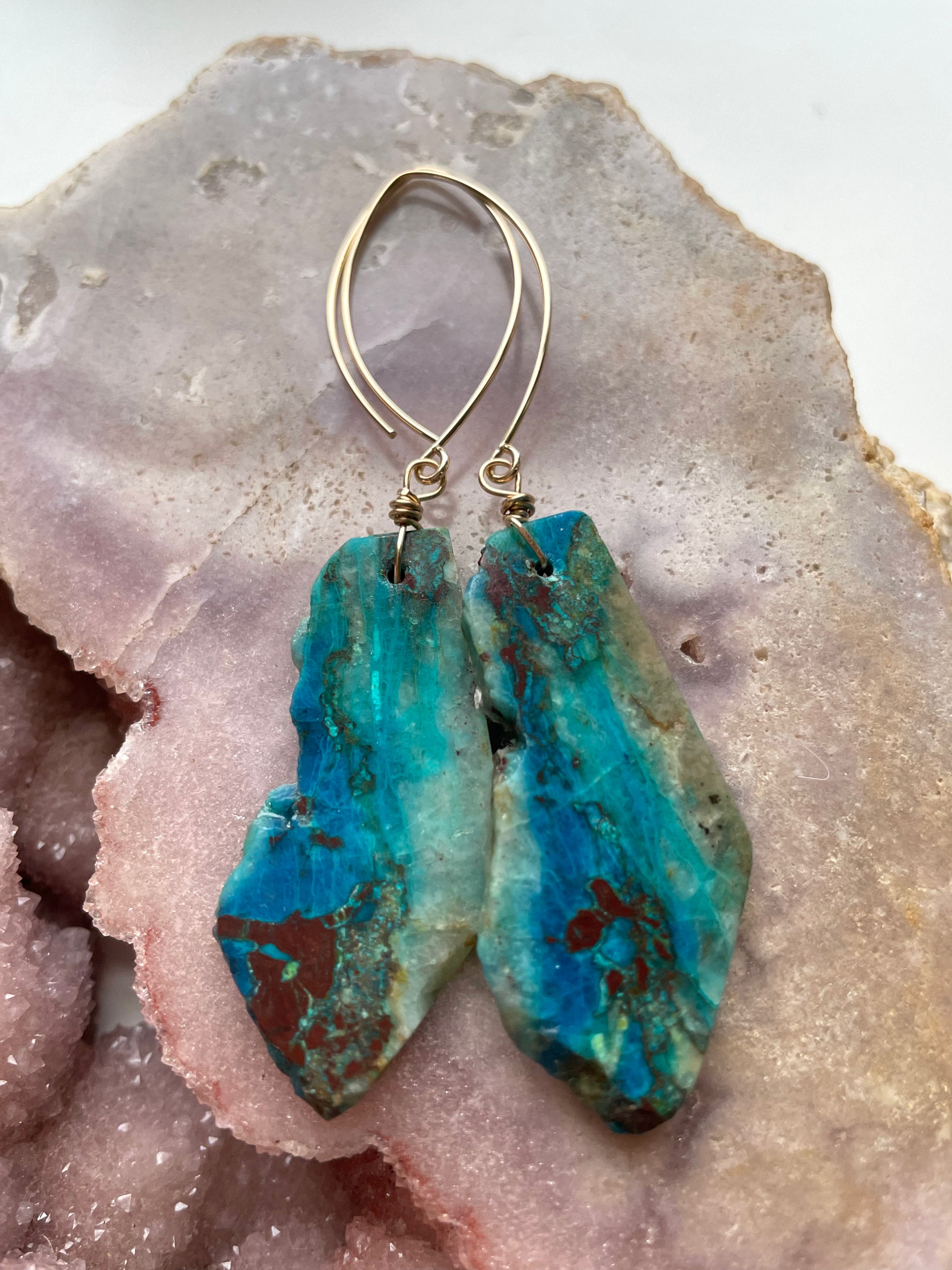 Chrysocolla Gold Filled Statement Crystal Gemstone Earrings for Women | Elegant Bohemian Jewelry | Perfect for Parties, Weddings & Special Occasions