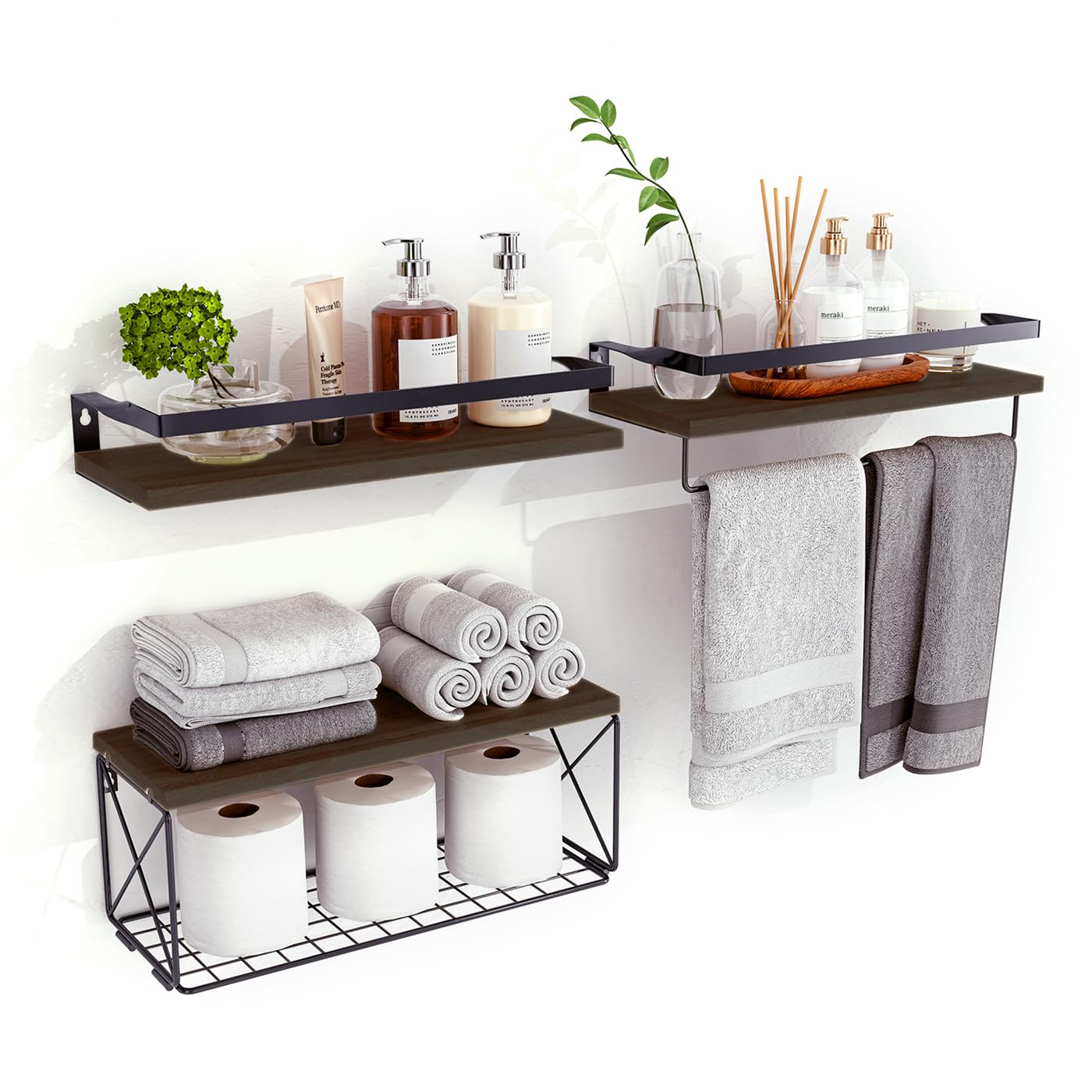 Floating Wall Shelves with Storage Basket - Rustic Wood Wall Mount Shelf for Bathroom, Living Room, Kitchen - Perfect for Organizing Toilet Paper, Towels & Decor | Space-Saving Home Storage Solution