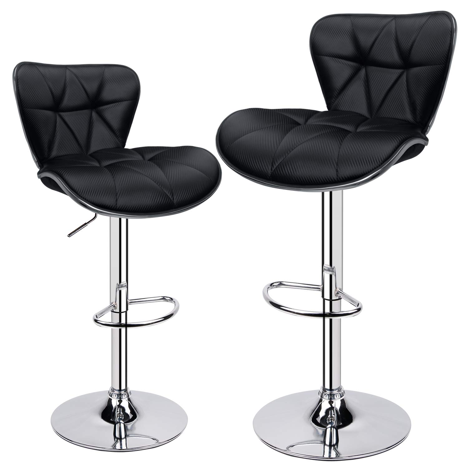 Leopard Print Adjustable Swivel Bar Stools with Carbon Fiber Leather Upholstery & Back Support - Set of 2 Black Barstools for Kitchen Island, Breakfast Nook & Home Bar Decor