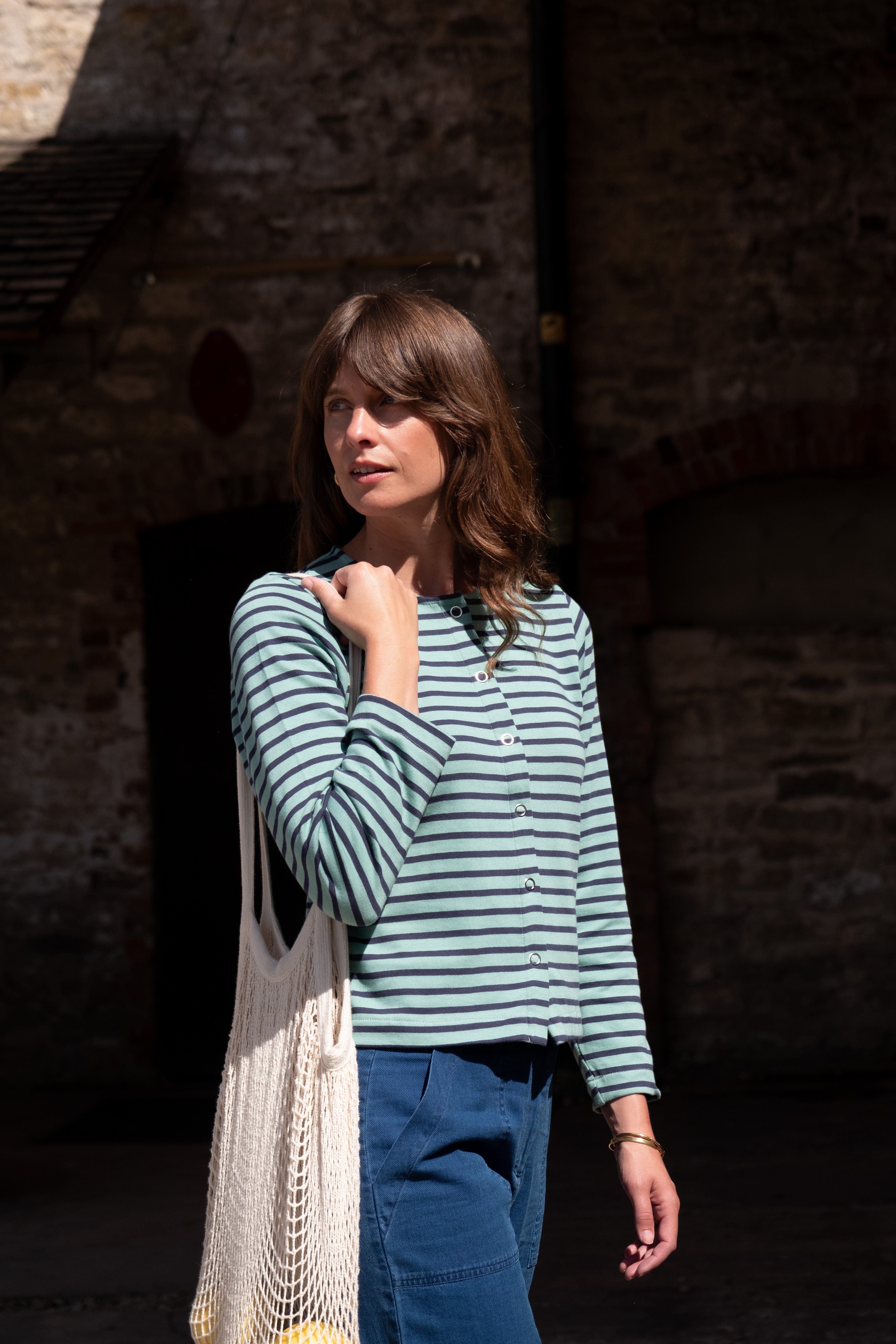 Women's Cotton Jersey Cardigan - Soft Long Sleeve Open Front Sweater in Duck Egg & Indigo Stripes | Perfect for Office Wear, Casual Outfits and Layering in Fall & Winter