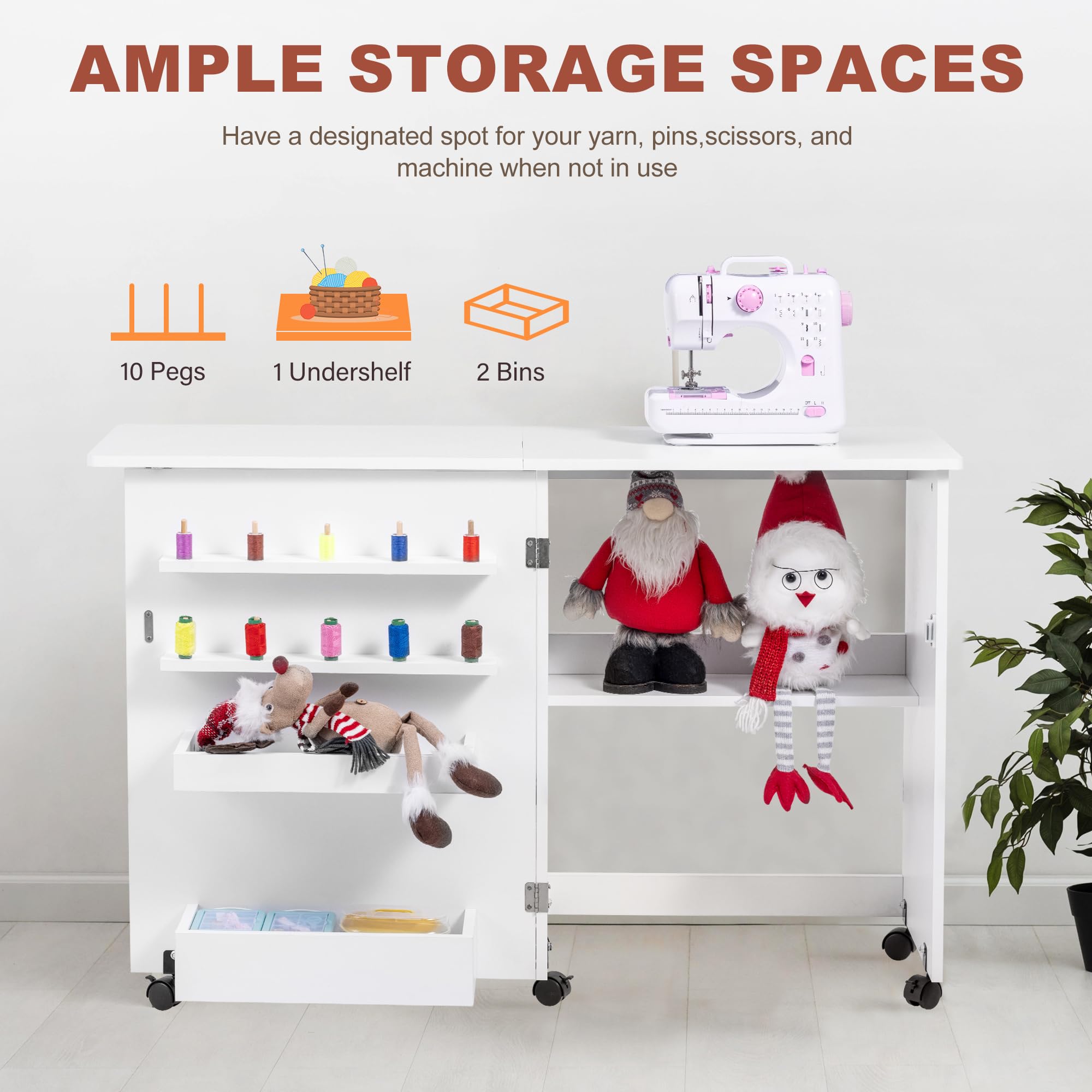 Foldable Sewing Table with Wheels & Storage - Compact Multi-Purpose Sewing Machine Table with Shelves, Bins, Pegs & Magnetic Locks (White) | Perfect for Small Spaces, Craft Rooms & Home Sewing Projects