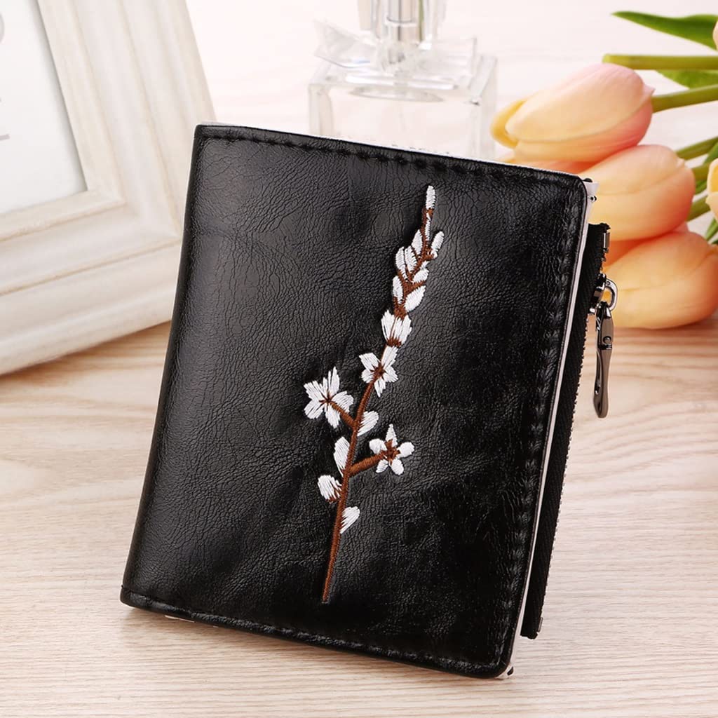 TUJAH Women's Embroidered Short Wallet PU Leather Card Holder with Zipper - Foldable Coin Purse for Credit Cards & Cash (Plum Blossom Pattern, Color C) - Perfect for Everyday Use, Travel & Gift Giving