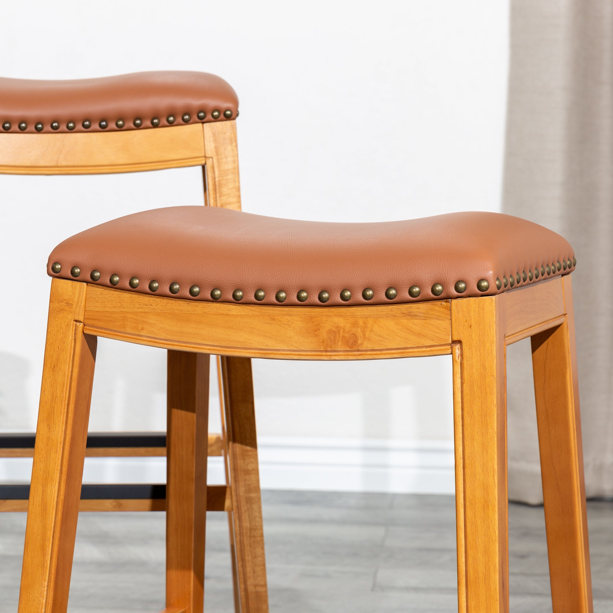 24 Inch Counter Stool with Saddle Leather Seat - Natural Wood Finish Bar Stool for Kitchen Island, Breakfast Nook & Home Bar Decor