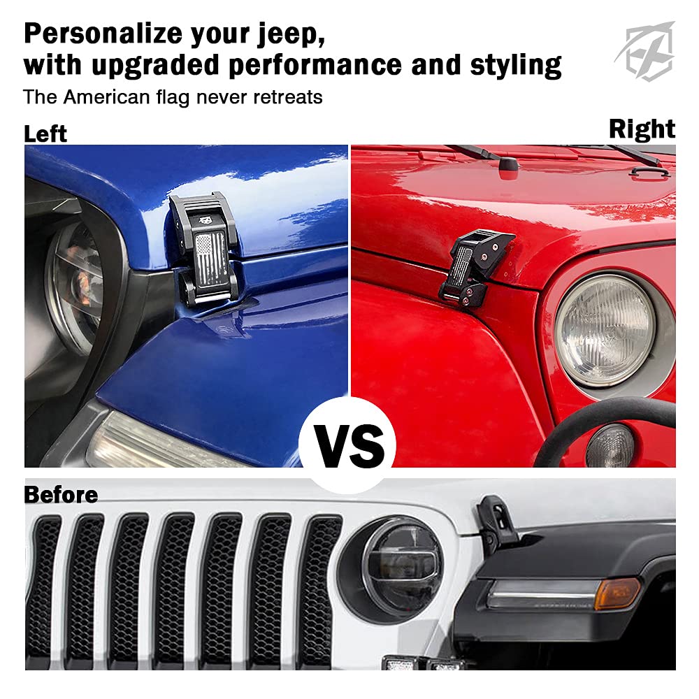 Xprite Aluminum Hood Latches with Retro Flag - Adjustable Hood Latch Catches Kit for 2007-2025 Jeep Wrangler JK JKU JL JLU & 2020+ Gladiator JT (1 Pair) - Heavy Duty Off-Road Accessories for Adventure & Trail Riding