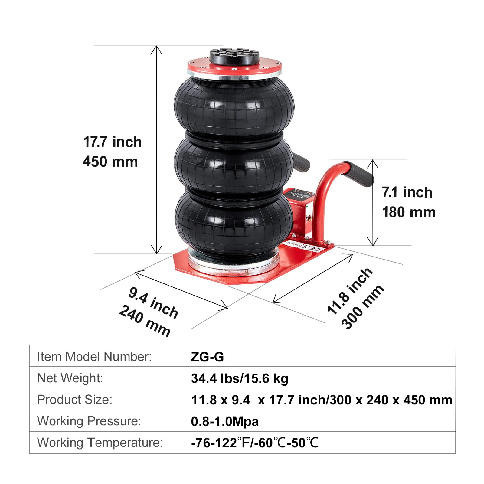 VEVOR 3 Ton (6600 lbs) Triple Bag Air Jack - 15.75 Inch Lift Height, Fast 3-5 Second Inflation - Compact Car Jack with Short Handle (Red) - Ideal for Emergency Roadside Repairs, Tire Changes & Vehicle Maintenance