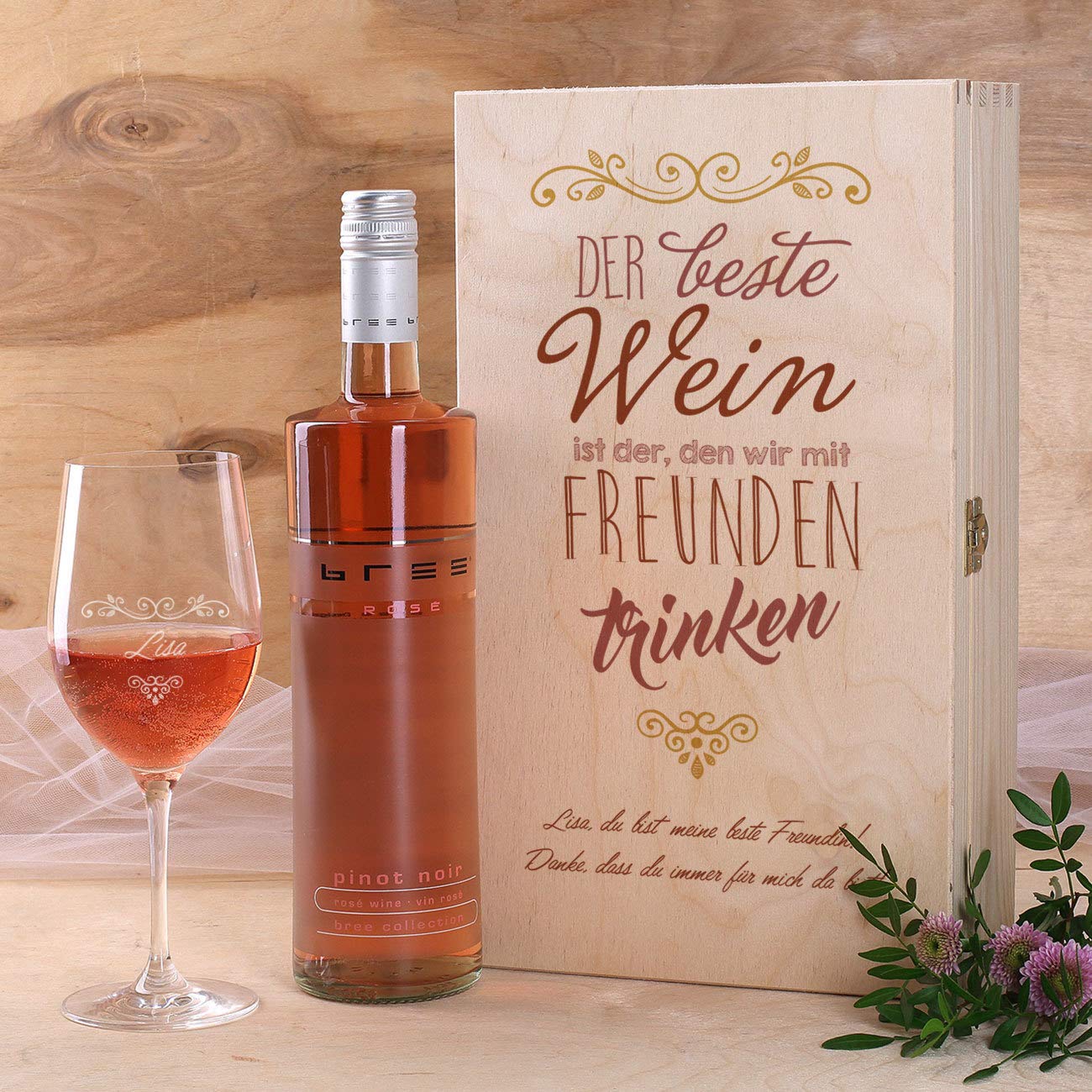 Herz & Heim® Personalized Wine Gift Set with Engraved Wine Glass - Choose Your Bree Wine in Elegant Gift Box for Best Friends, Rose Wine - Perfect for Anniversaries, Birthdays & Special Celebrations