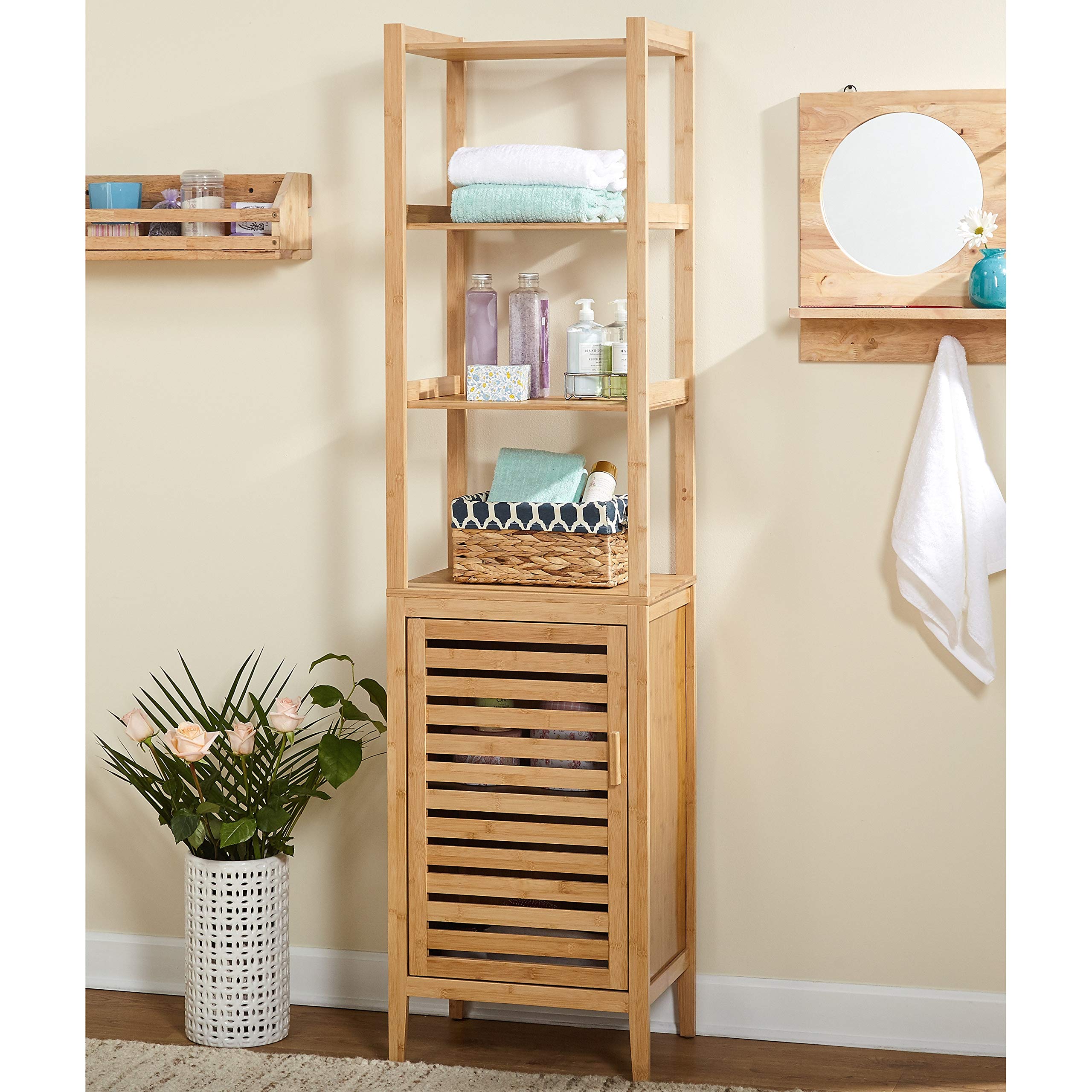 3-Tier Bamboo Linen Cabinet Tower - Natural Wood Bathroom Storage Organizer | Space Saving Standing Shelf for Towels, Toiletries & Bathroom Essentials
