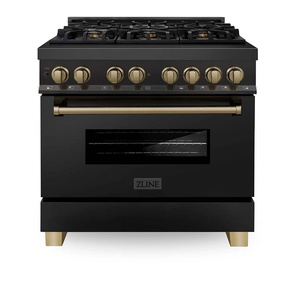 ZLINE Autograph Edition 36-inch Black Stainless Steel Kitchen Package - Dual Fuel Range, Range Hood, Dishwasher & Refrigerator with Internal Water Dispenser & Champagne Bronze Accents (4AKPR RABRHDWV36 CB) | Premium Kitchen Appliances for Modern Homes & Gourmet Cooking