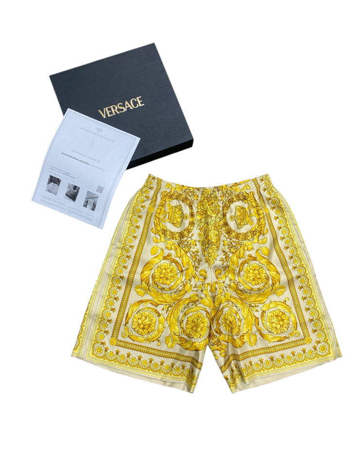 Versace Barocco Champagne Print Silk Shorts for Men - Size Small | Luxury Silk Shorts for Summer, Beach, and Casual Wear