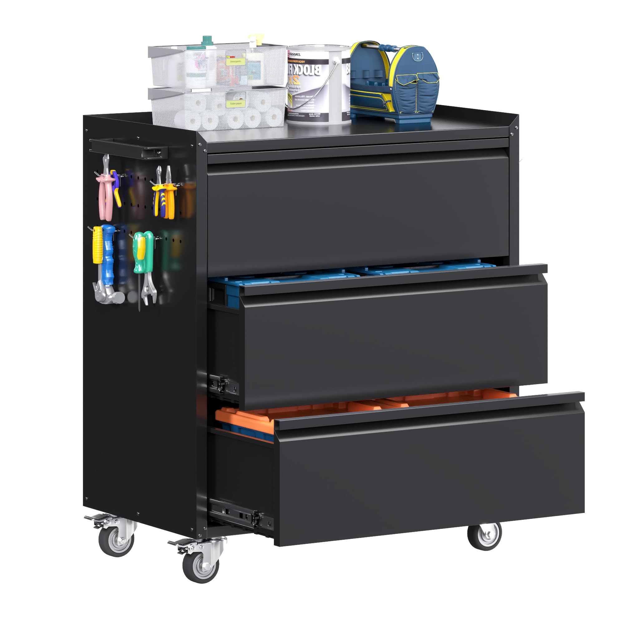 Black Metal Garage Storage Cabinet with Wheels & Pegboard - 3-Drawer Rolling Tool Organizer for Home, Workshop & Garage