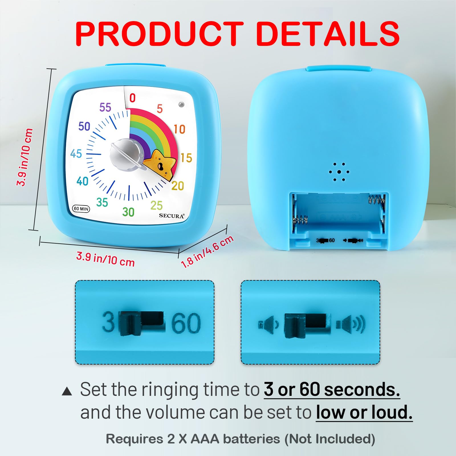 Secura 60-Minute Visual Timer - Silent Countdown Clock for Kids & Adults | Time Management Tool for Studying, Teaching & Productivity (Blue & Star Design) | Perfect for Classrooms, Home Office & ADHD Focus Aid