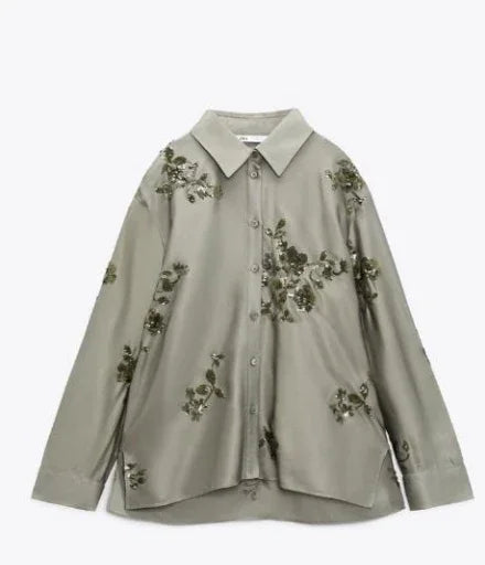 Women's 2-Piece Sequin Shirt & Wide Leg Pants Set - Fashion Print Loose Lapel Long Sleeve Top Elegant Outfit for Party, Dinner & Special Occasions