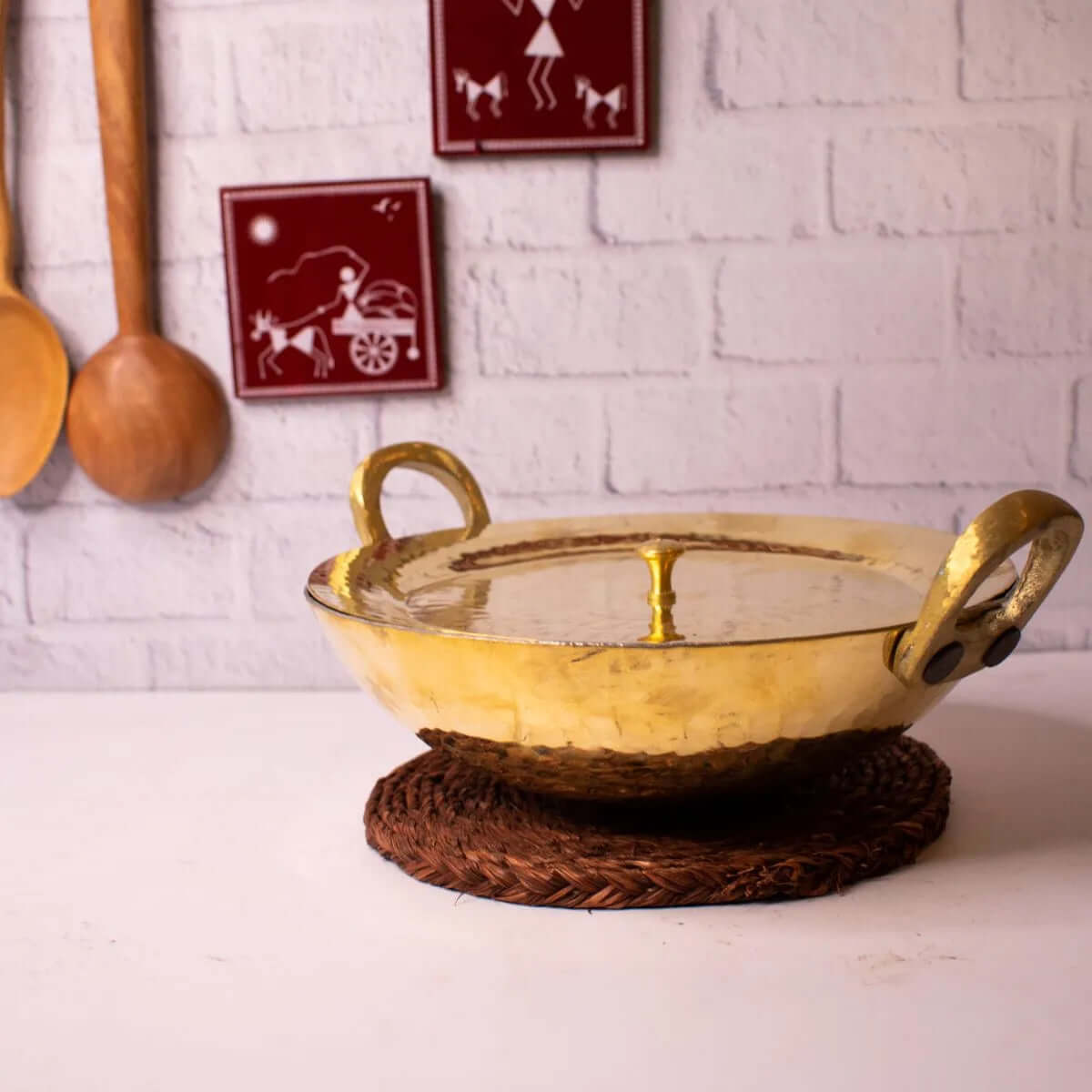 Premium Brass Kadai With Lid - Traditional Indian Cooking Pot for Biryani, Curry & Stews - Ideal for Home Kitchens & Restaurants
