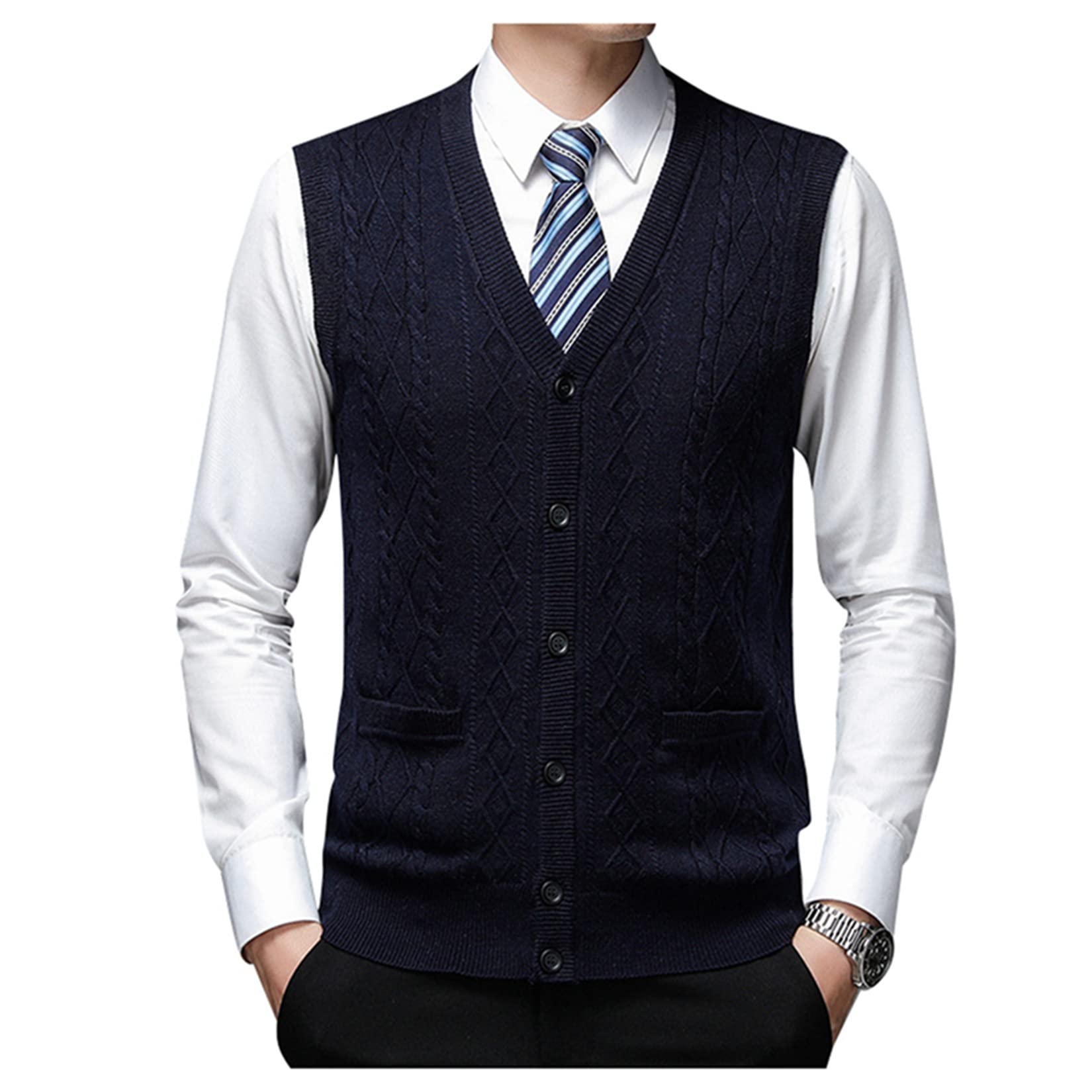 Men's Wool Blend Cable Knit Cardigan Vest - Casual & Layering